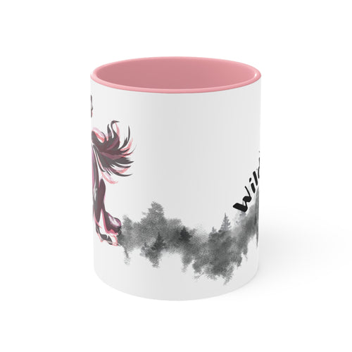 Wild Chaos Coffee Mug – Ink Brush Horse Art – Pink Accent