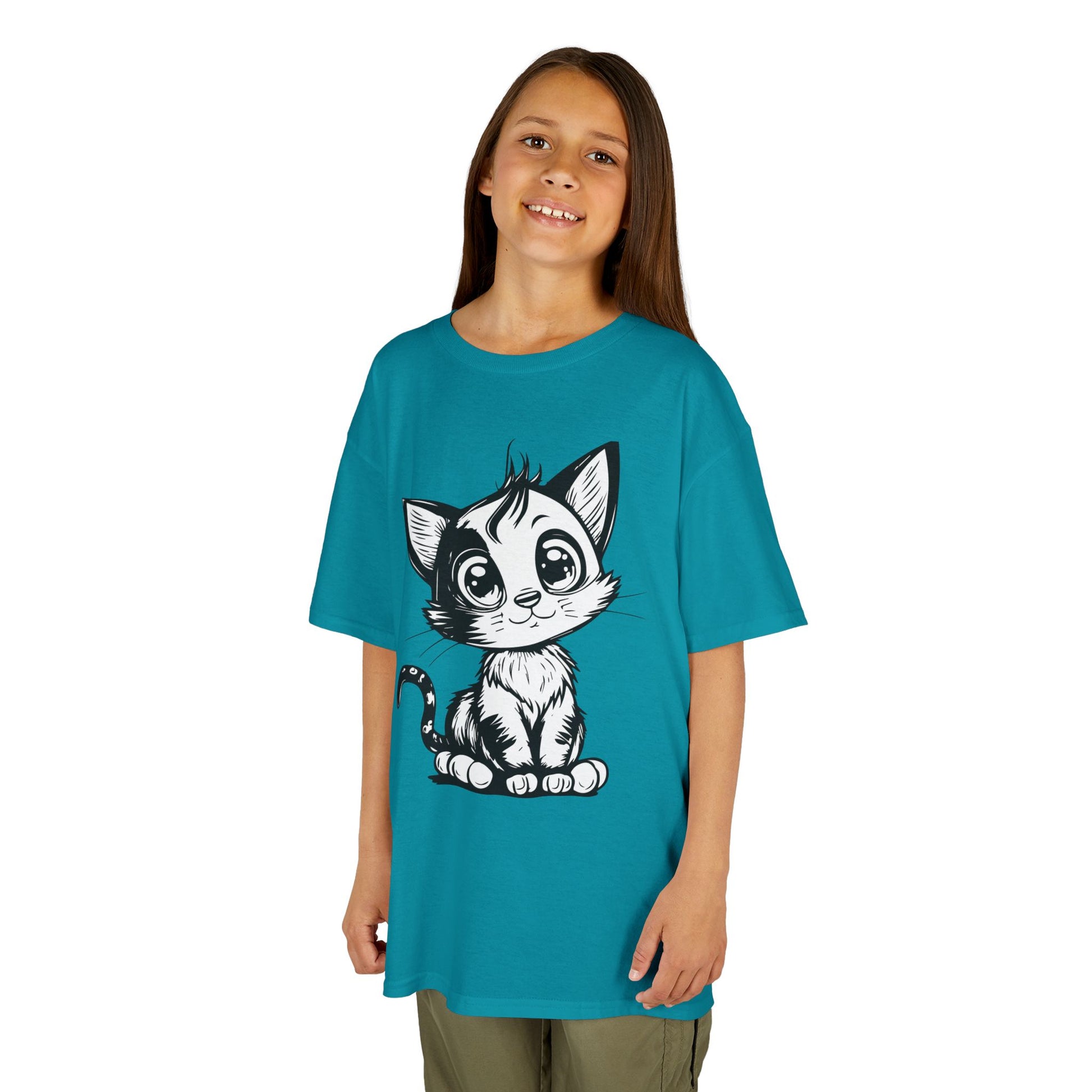 Big-Eyed Cat Kids T-Shirt – Cute Black & White Line Art