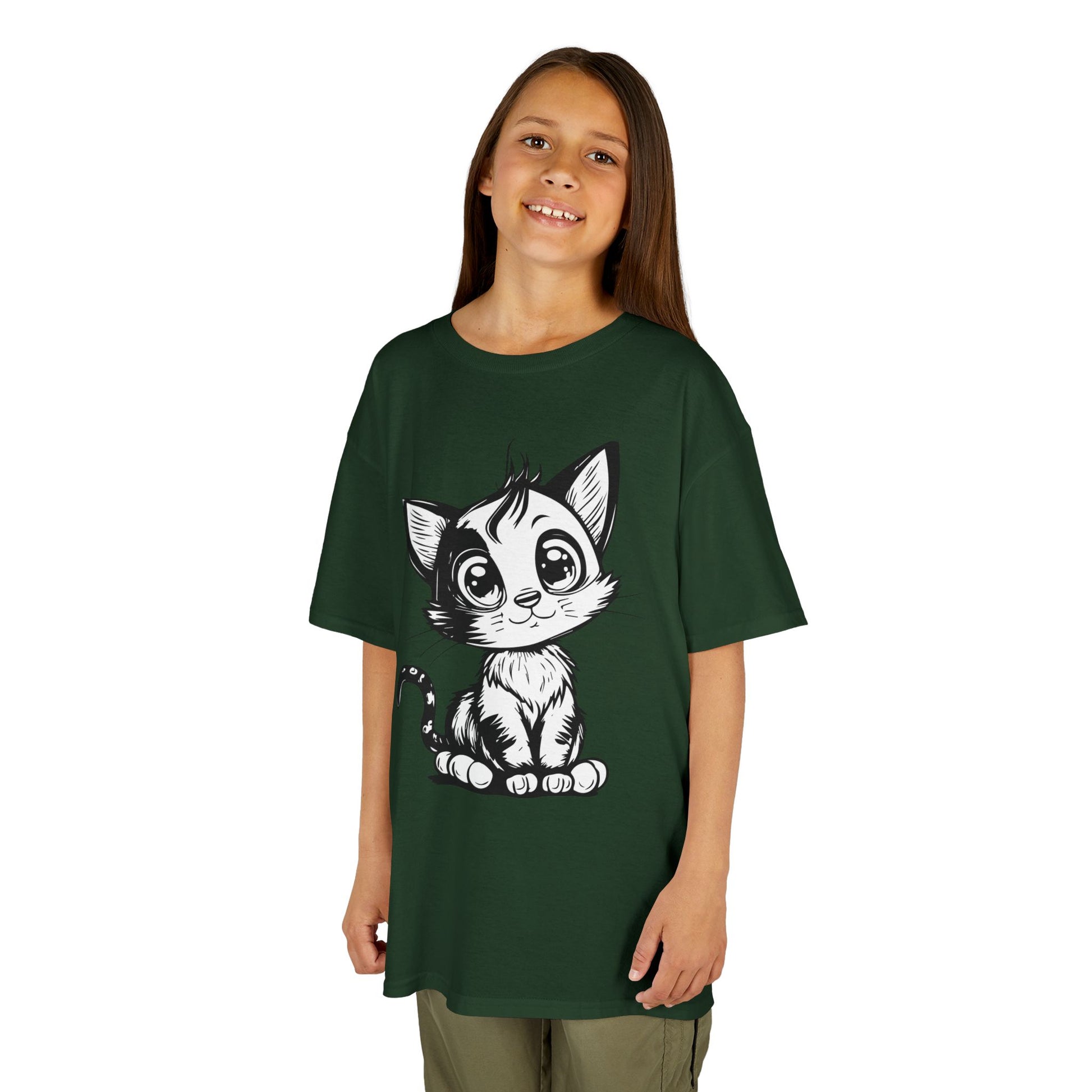 Big-Eyed Cat Kids T-Shirt – Cute Black & White Line Art