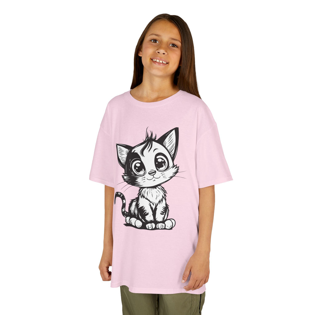 Big-Eyed Cat Kids T-Shirt – Cute Black & White Line Art