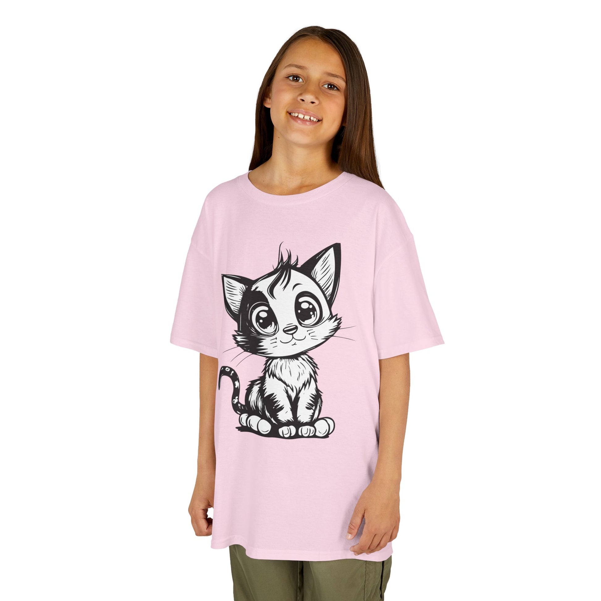 Big-Eyed Cat Kids T-Shirt – Cute Black & White Line Art