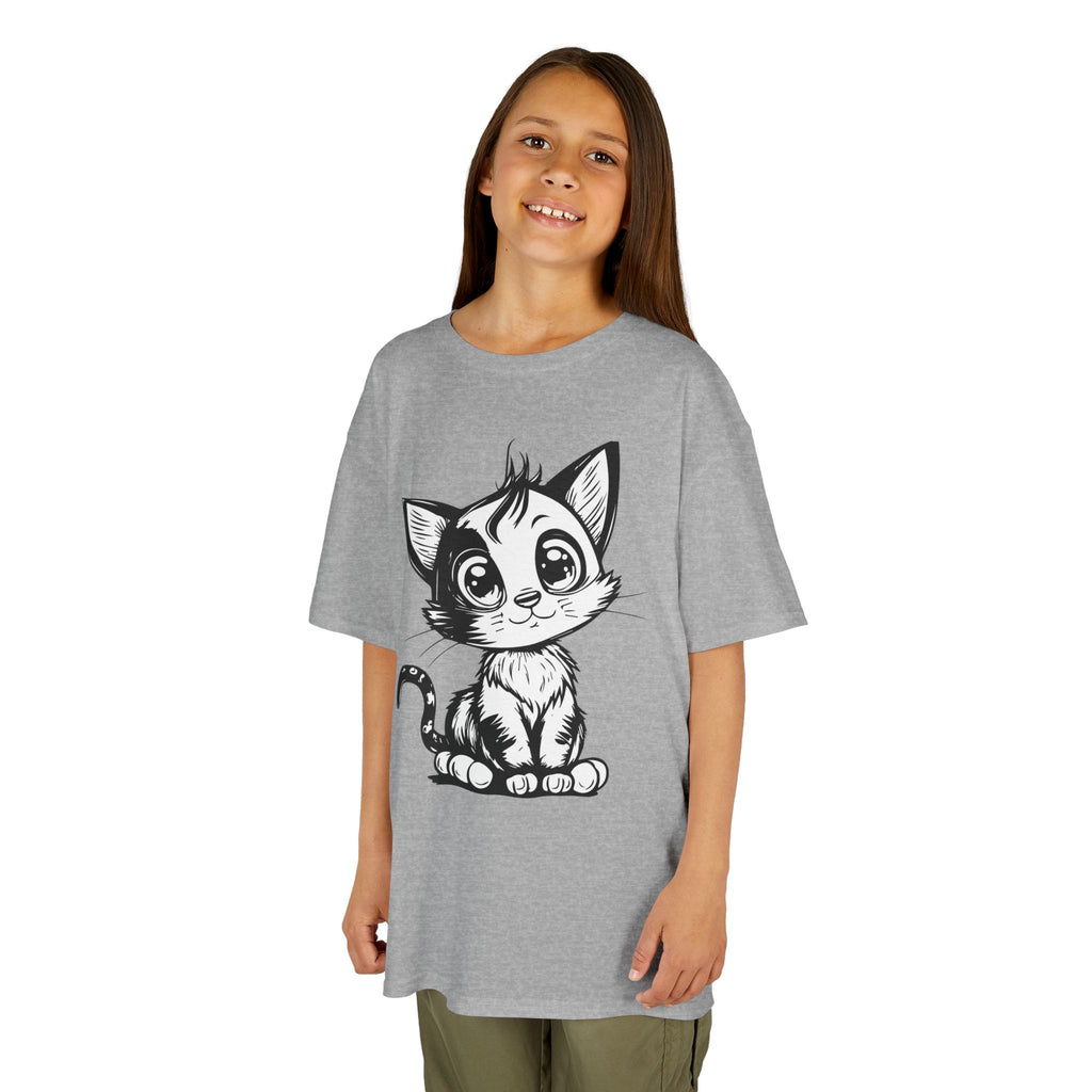 Big-Eyed Cat Kids T-Shirt – Cute Black & White Line Art