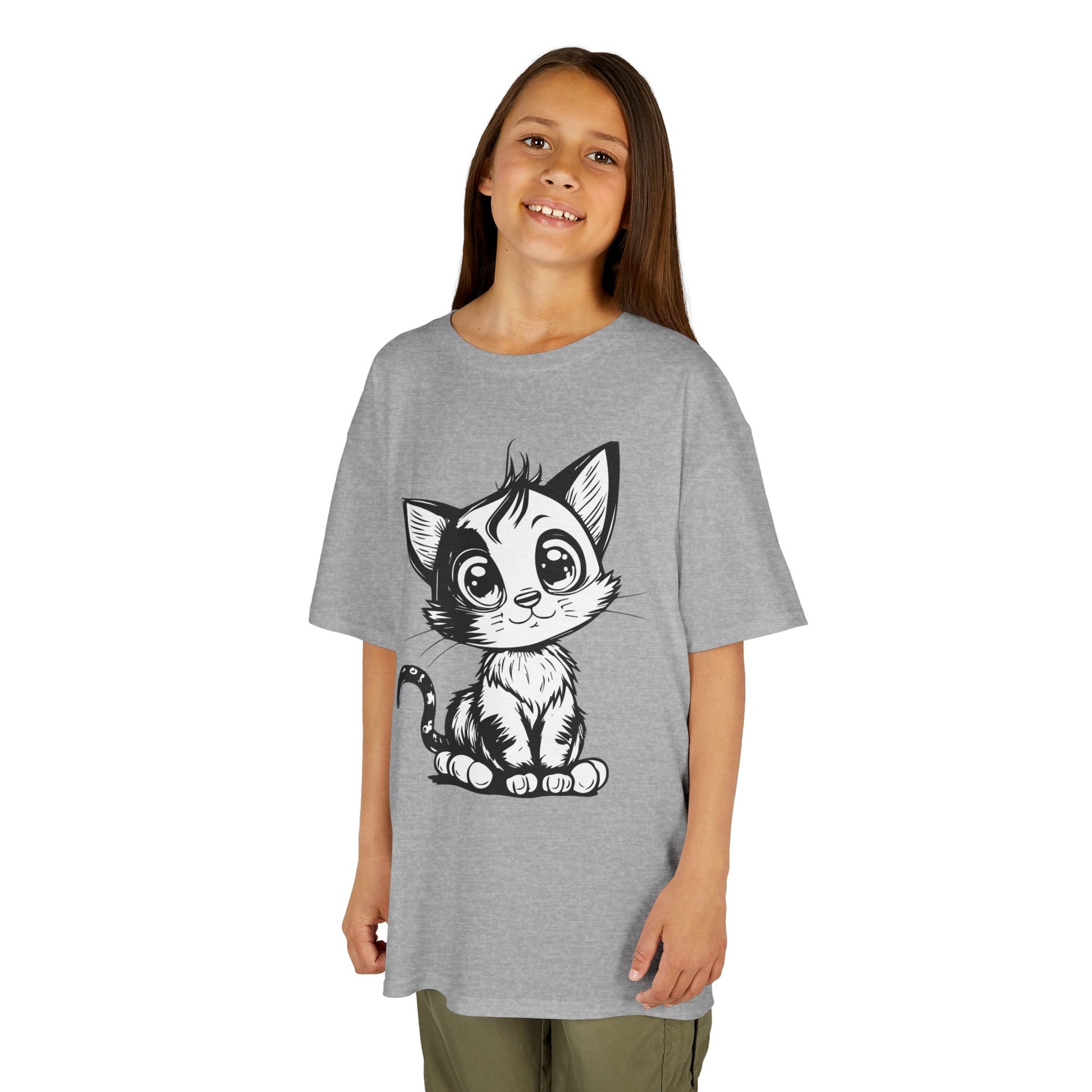 Big-Eyed Cat Kids T-Shirt – Cute Black & White Line Art