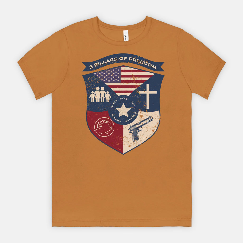 5 Pillars of Freedom Shield Tee – Family, Faith, Flag & Firearms
