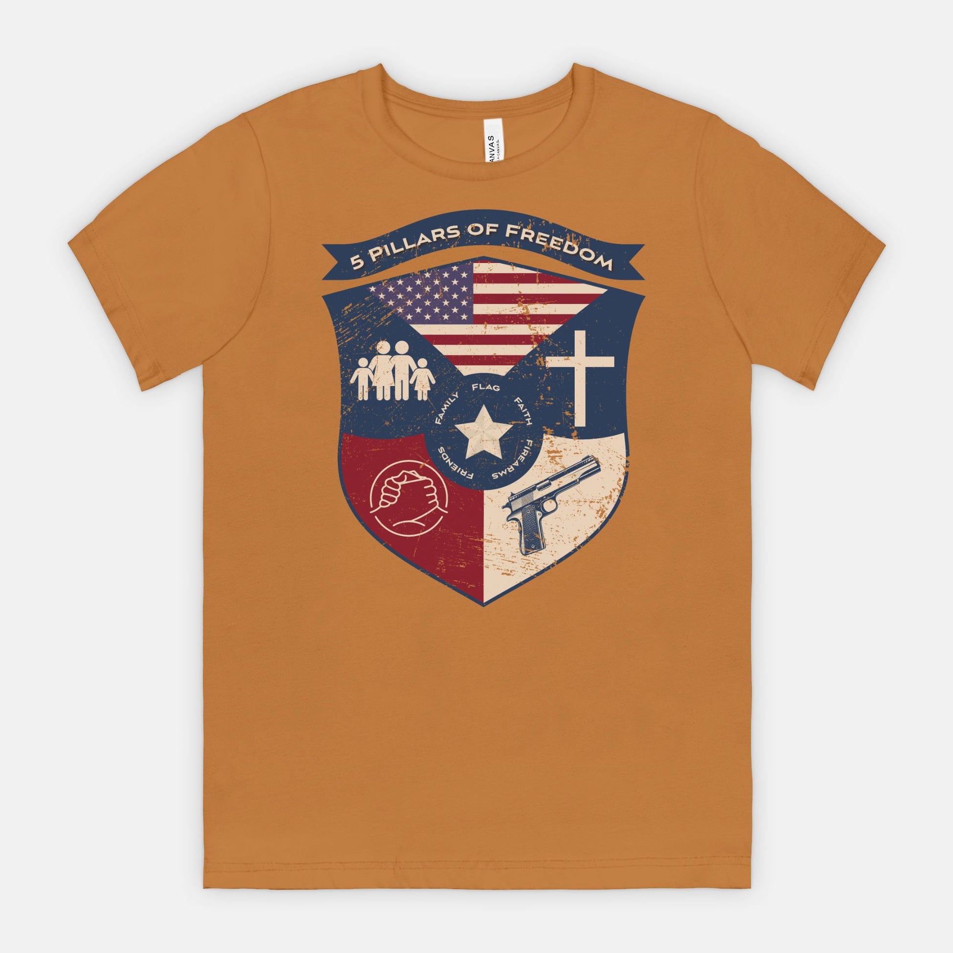 5 Pillars of Freedom Shield Tee – Family, Faith, Flag & Firearms