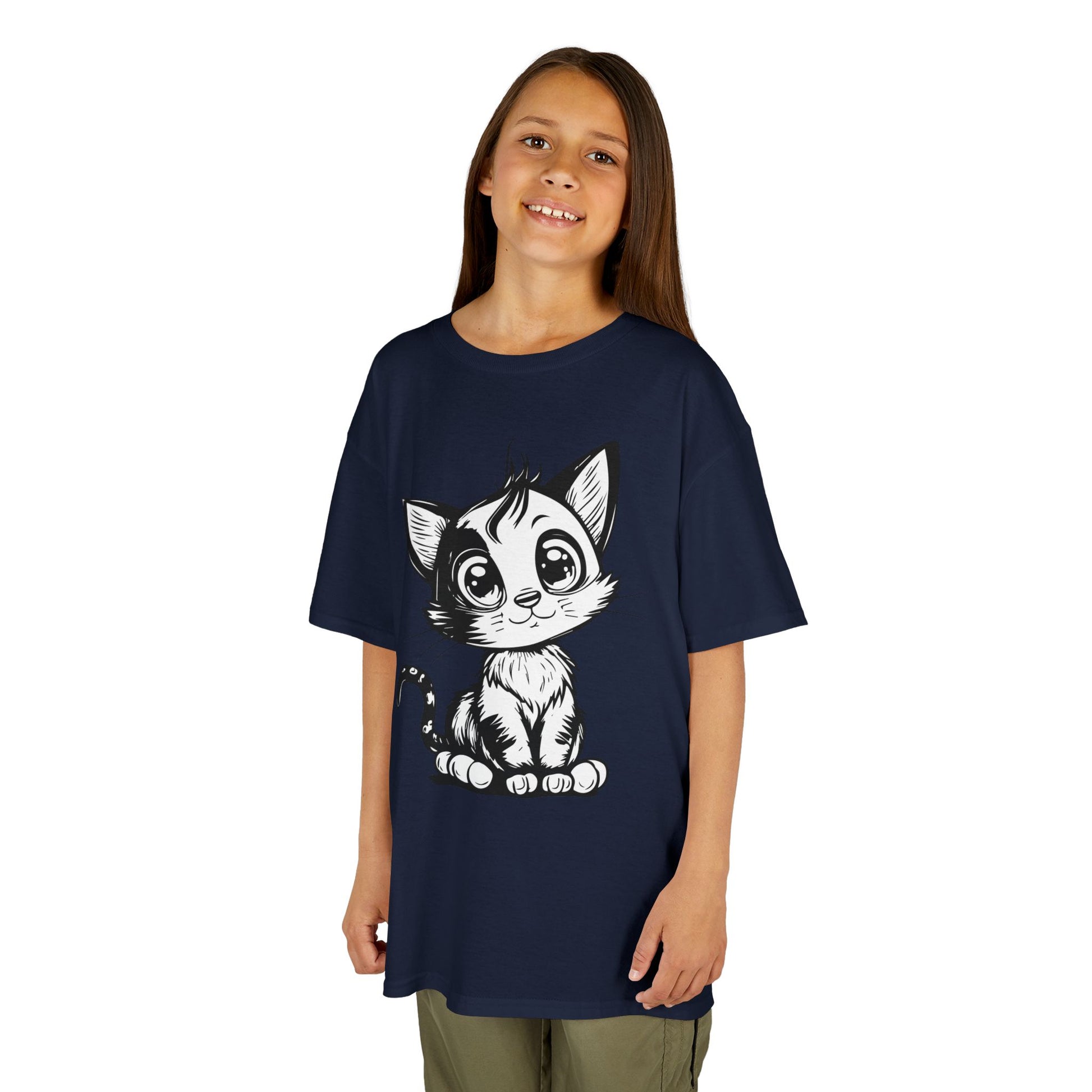 Big-Eyed Cat Kids T-Shirt – Cute Black & White Line Art
