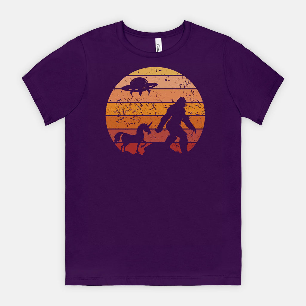 Bigfoot Sunset Adventure Tee – UFO & Unicorn Retro Cryptid Shirt