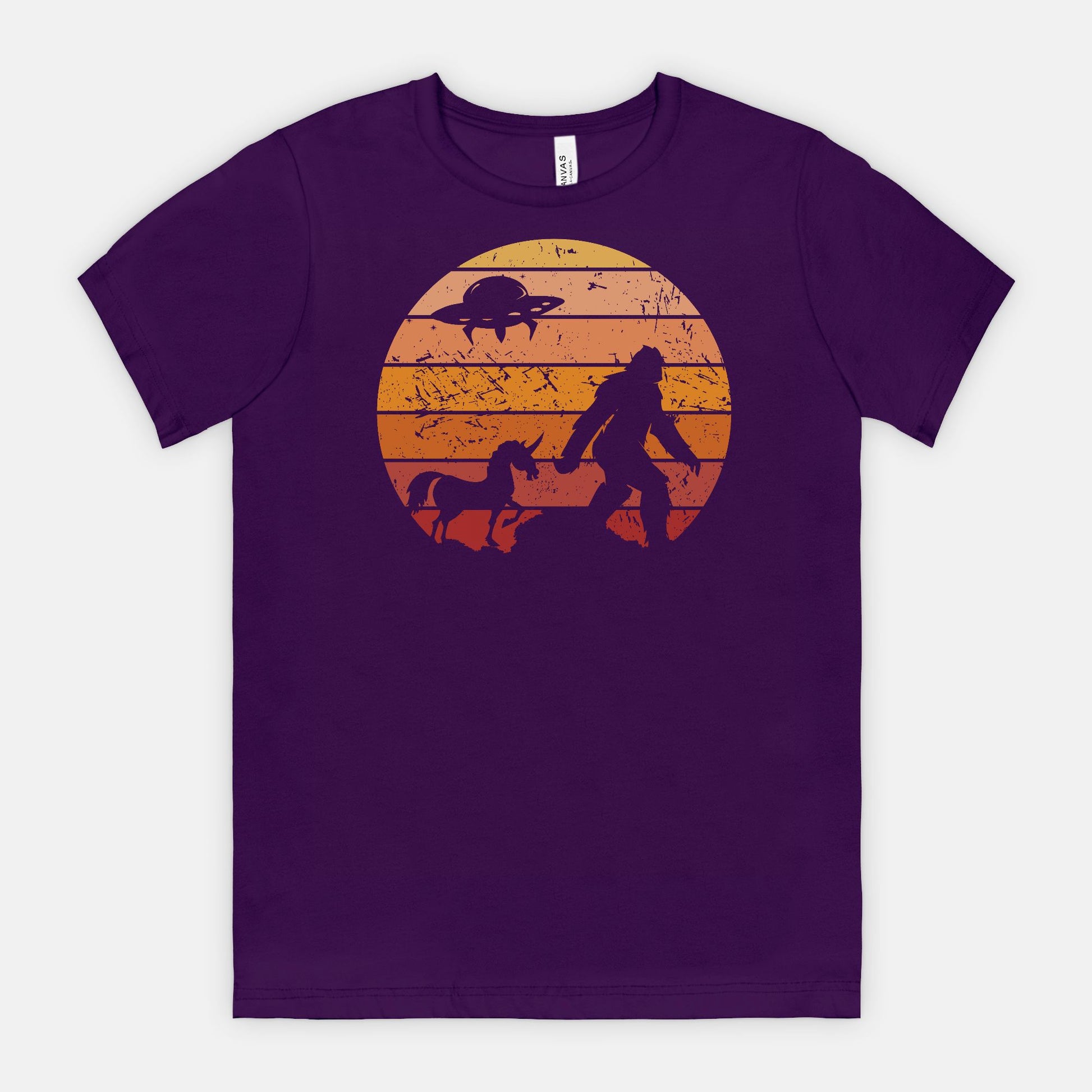 Bigfoot Sunset Adventure Tee – UFO & Unicorn Retro Cryptid Shirt