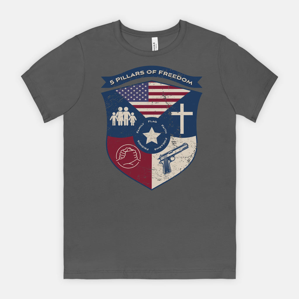 5 Pillars of Freedom Shield Tee – Family, Faith, Flag & Firearms