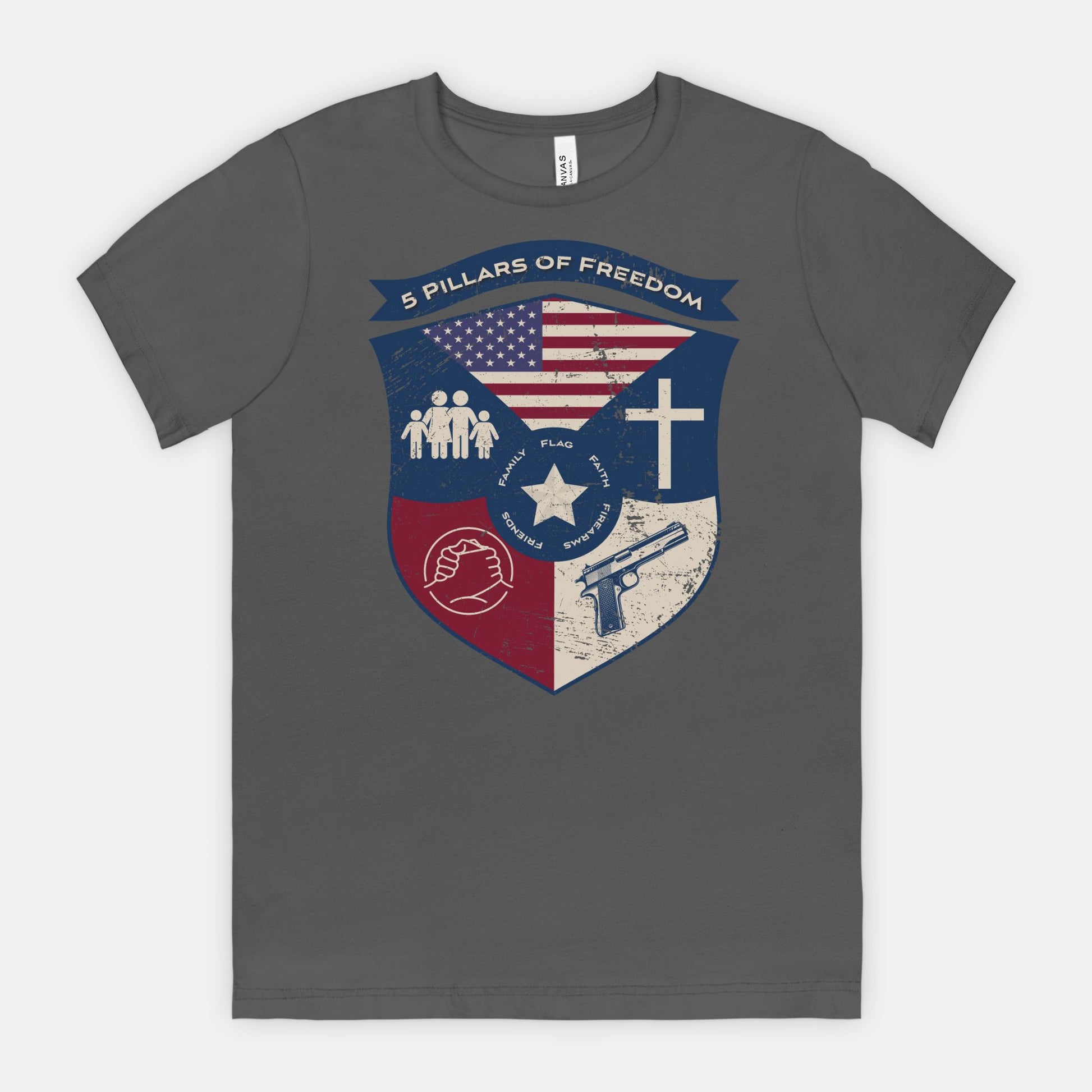 5 Pillars of Freedom Shield Tee – Family, Faith, Flag & Firearms