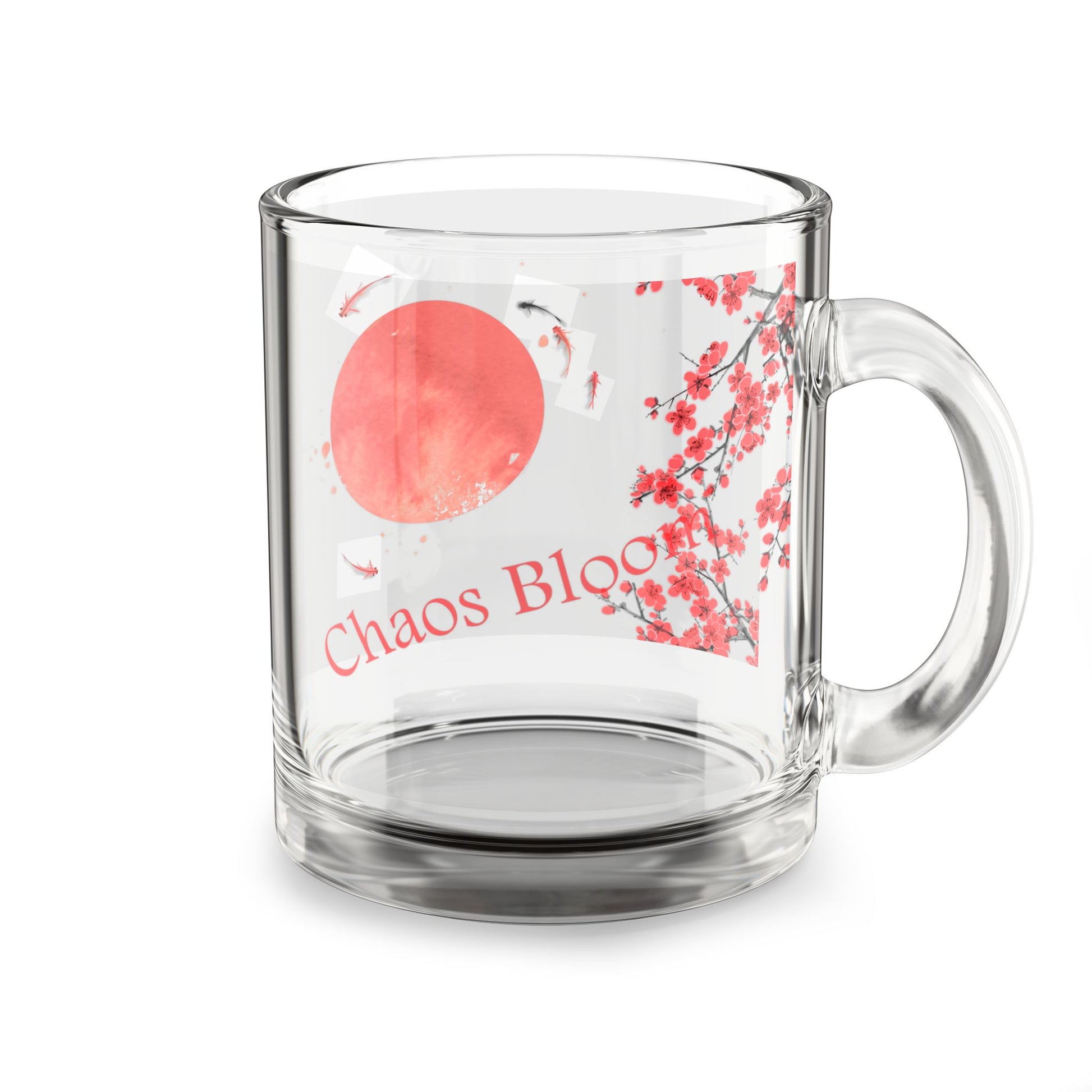Chaos Bloom Glass Coffee Mug – Sakura, Koi & Red Sun Ink Wash Art