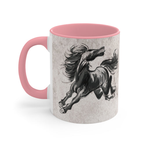 Wild Chaos Coffee Mug – Ink Brush Horse Art – Pink Accent