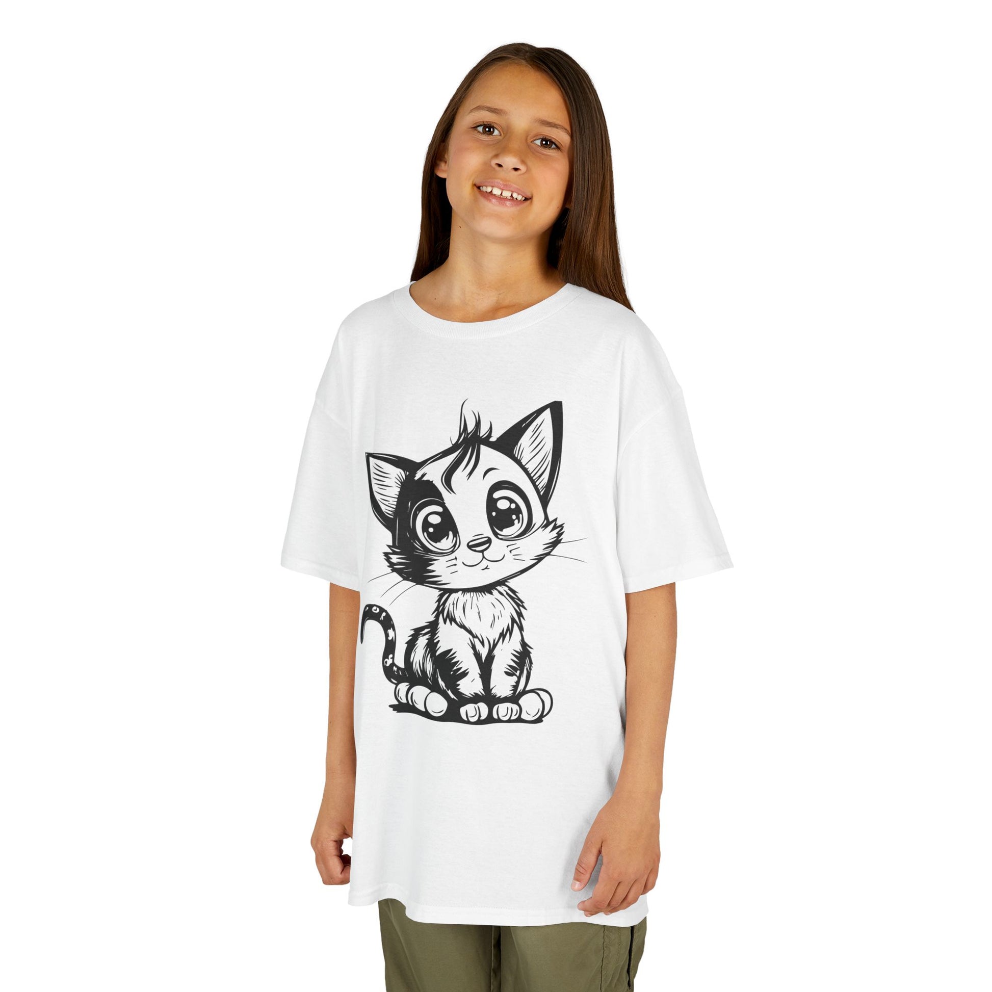 Big-Eyed Cat Kids T-Shirt – Cute Black & White Line Art