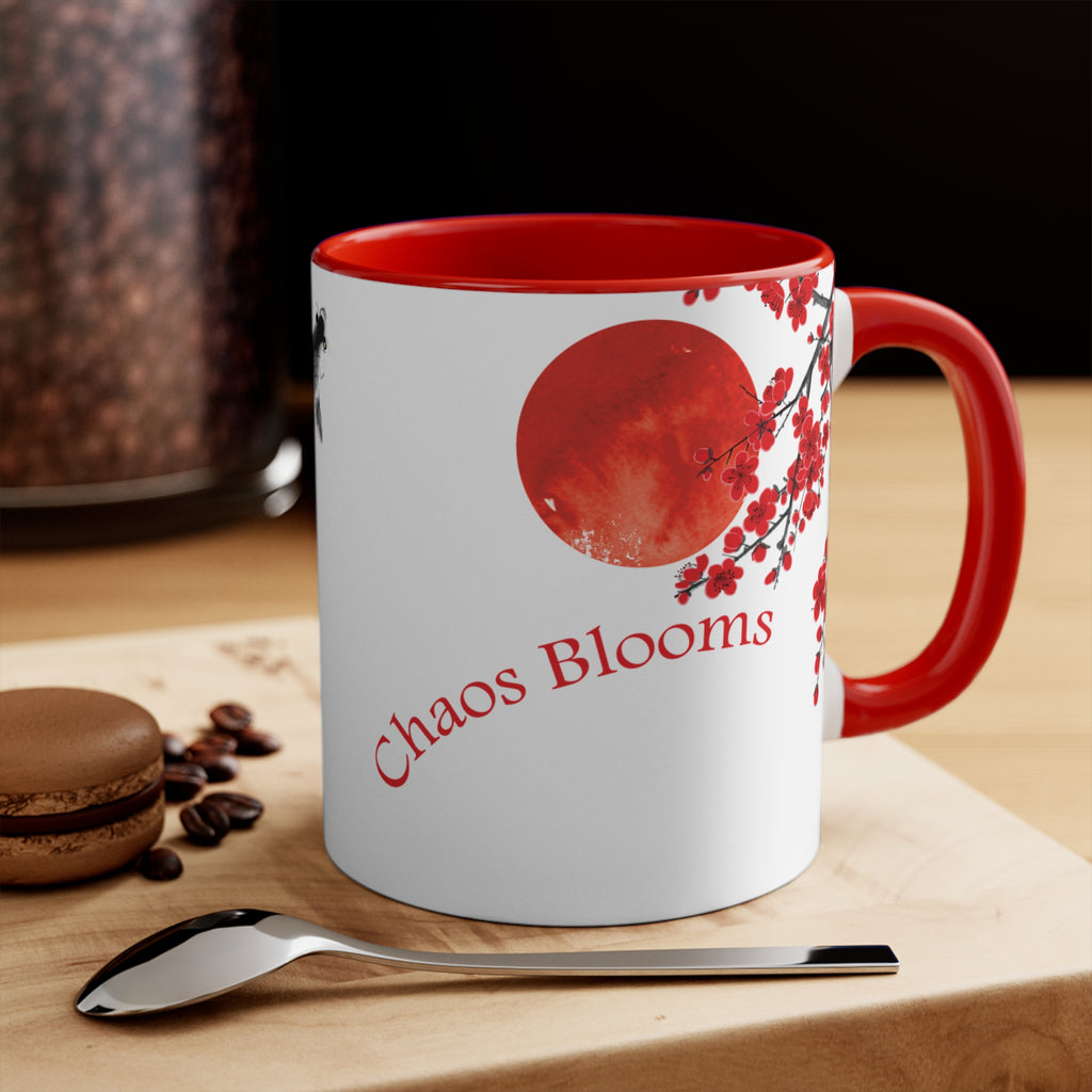 Chaos Bloom Coffee Mug – Sakura, Koi & Red Sun Sumi-e Art – Red Accent