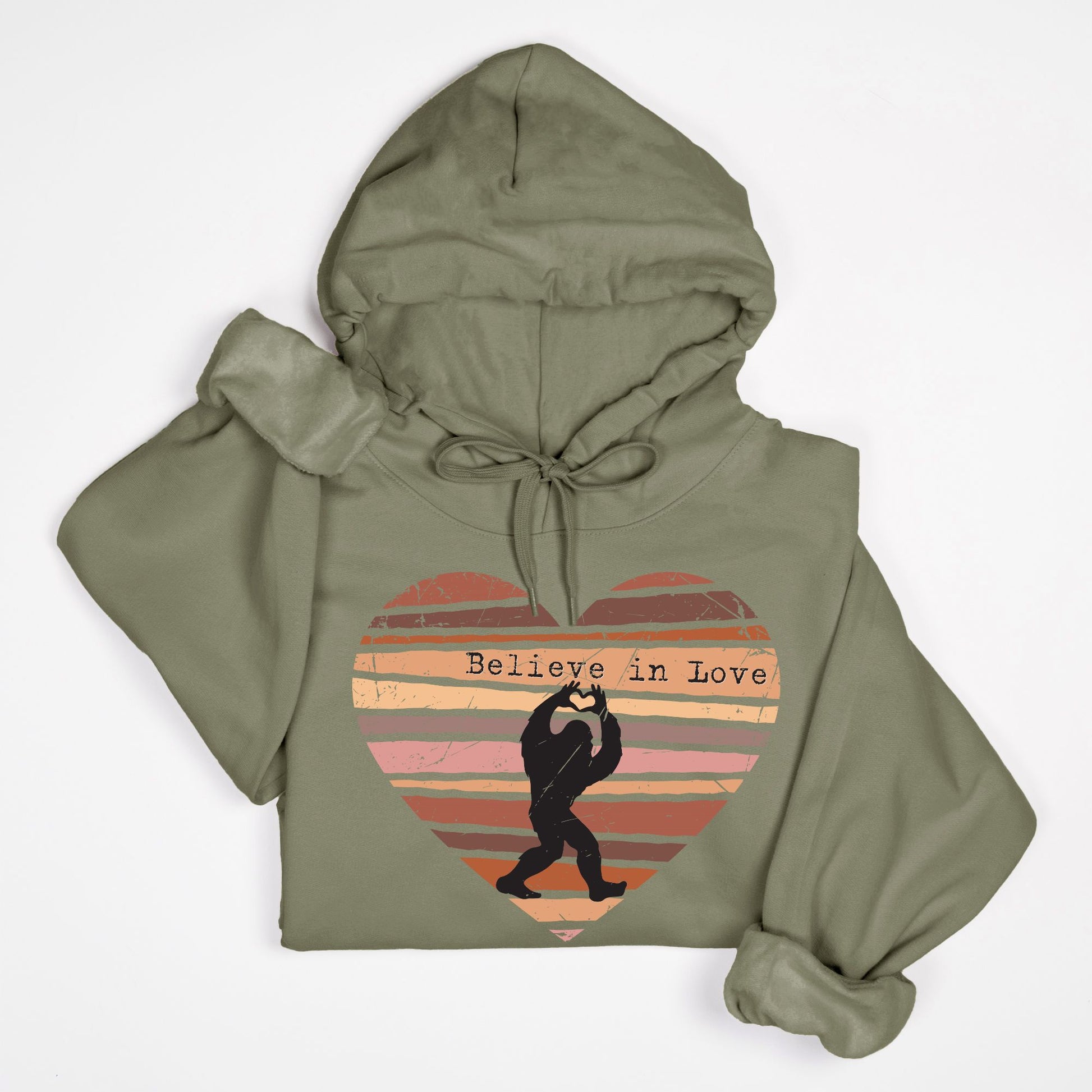 Believe in Love Bigfoot Hoodie – Retro Distressed Heart Cryptid Design
