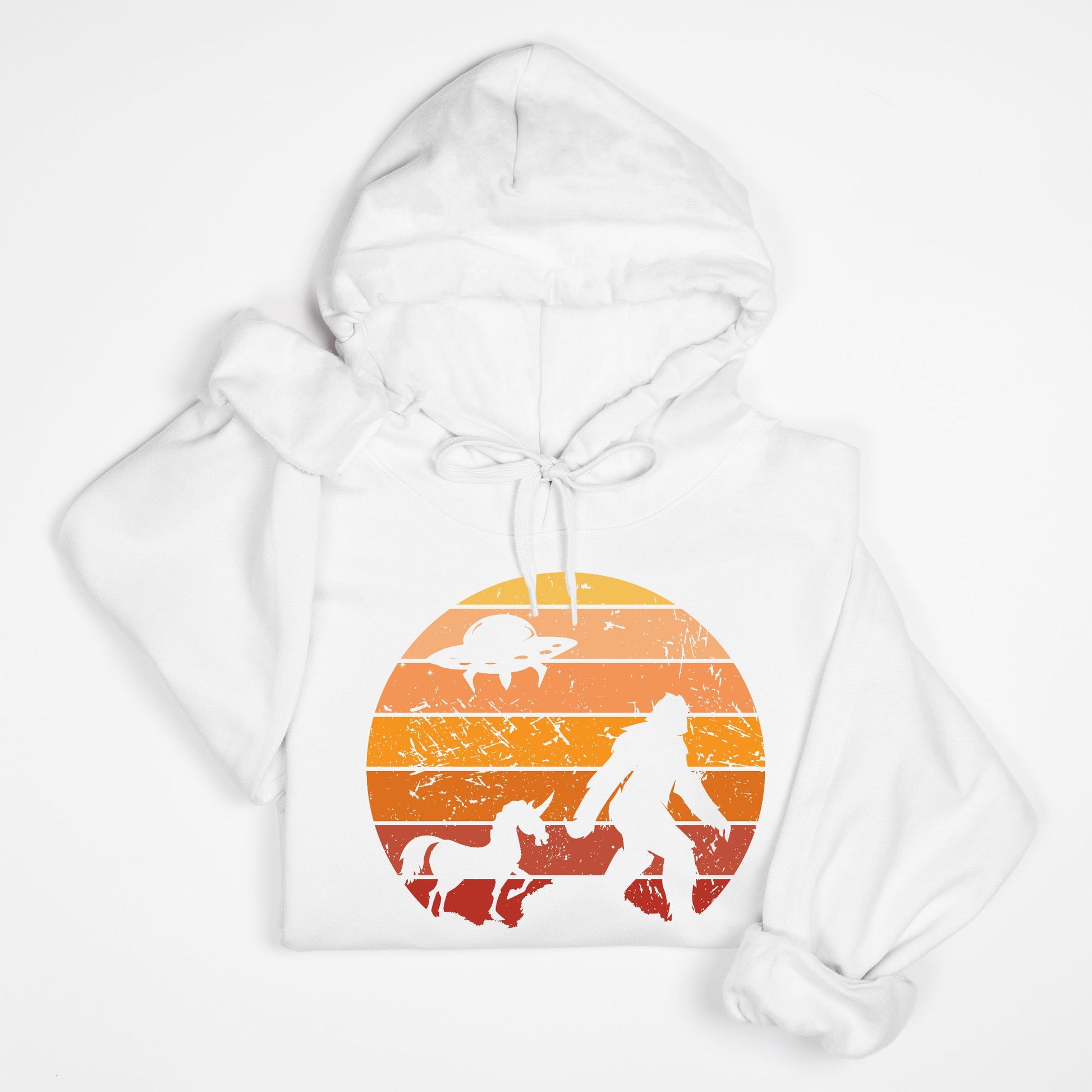 Bigfoot Sunset Adventure Hoodie – UFO & Unicorn Retro Cryptid Design
