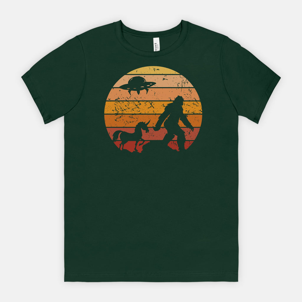 Bigfoot Sunset Adventure Tee – UFO & Unicorn Retro Cryptid Shirt