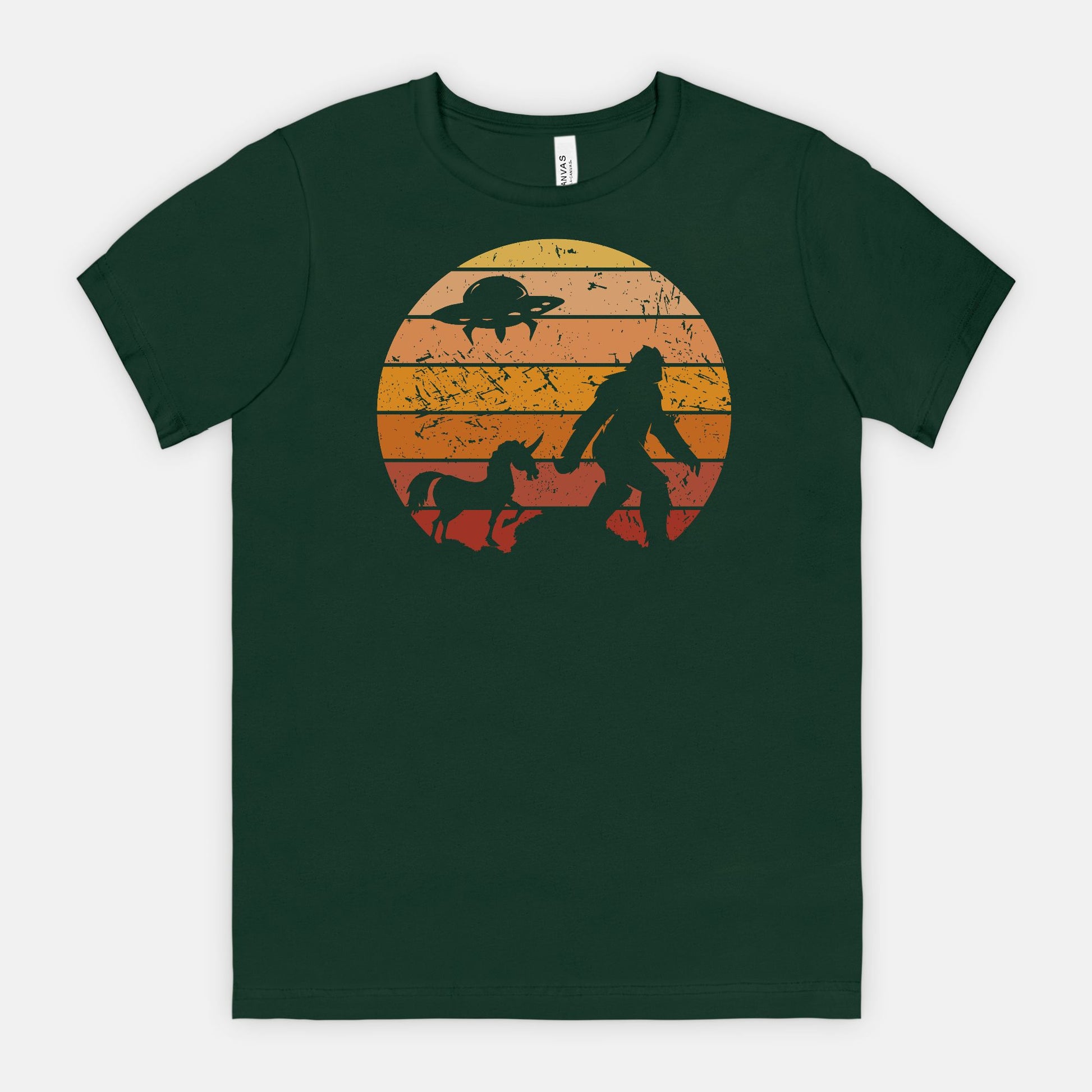 Bigfoot Sunset Adventure Tee – UFO & Unicorn Retro Cryptid Shirt