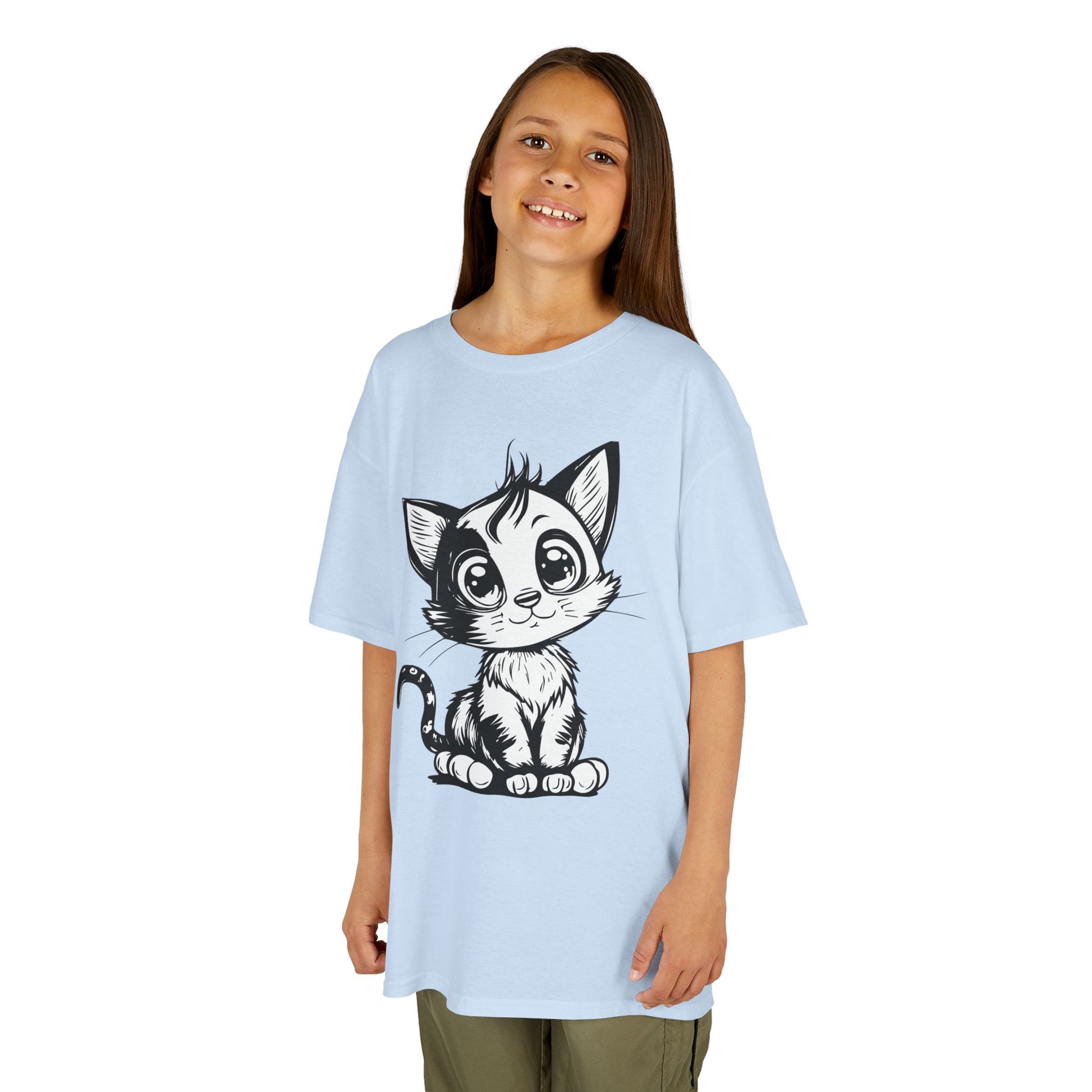 Big-Eyed Cat Kids T-Shirt – Cute Black & White Line Art