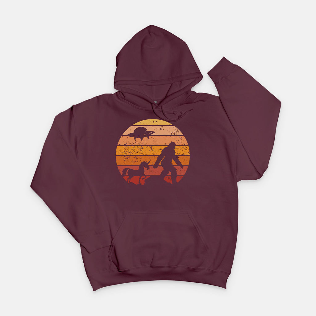 Bigfoot Sunset Adventure Hoodie – UFO & Unicorn Retro Cryptid Design