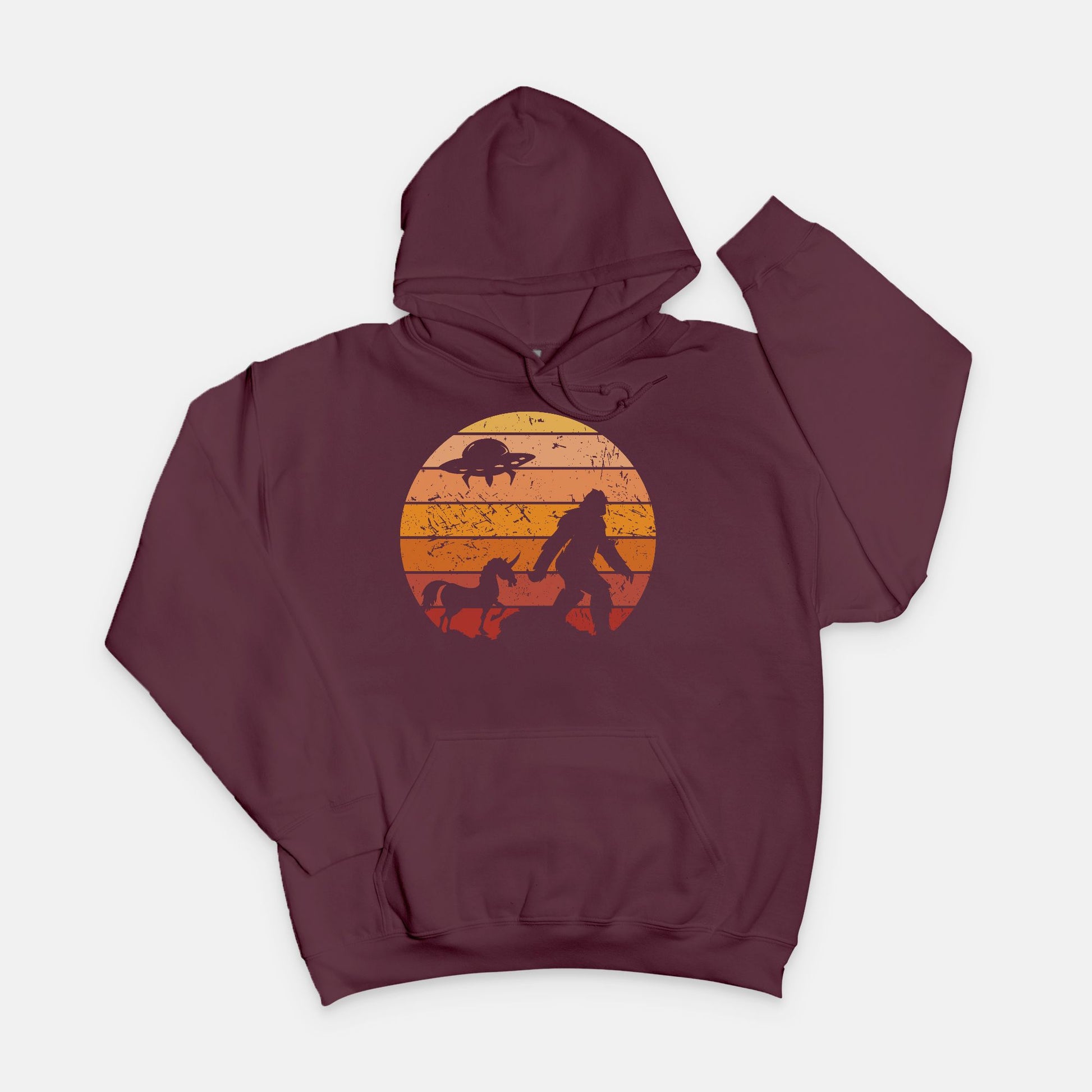 Bigfoot Sunset Adventure Hoodie – UFO & Unicorn Retro Cryptid Design