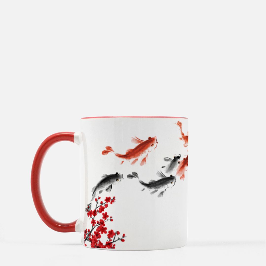 Chaos Bloom Coffee Mug – Sakura, Koi & Red Sun Sumi-e Art – Red Accent