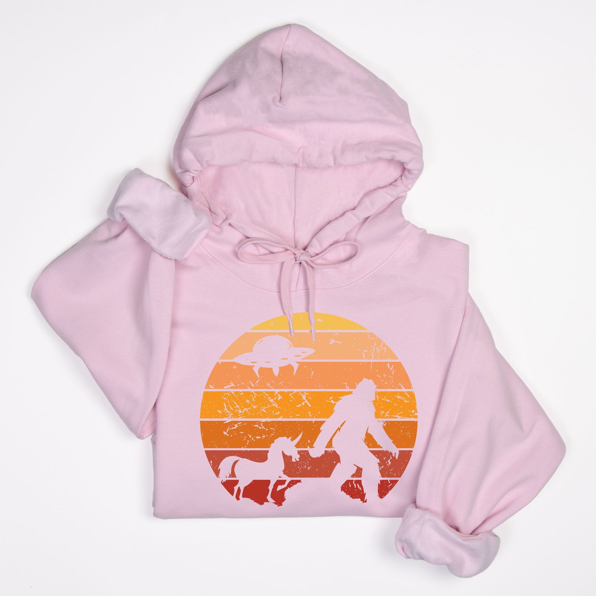 Bigfoot Sunset Adventure Hoodie – UFO & Unicorn Retro Cryptid Design