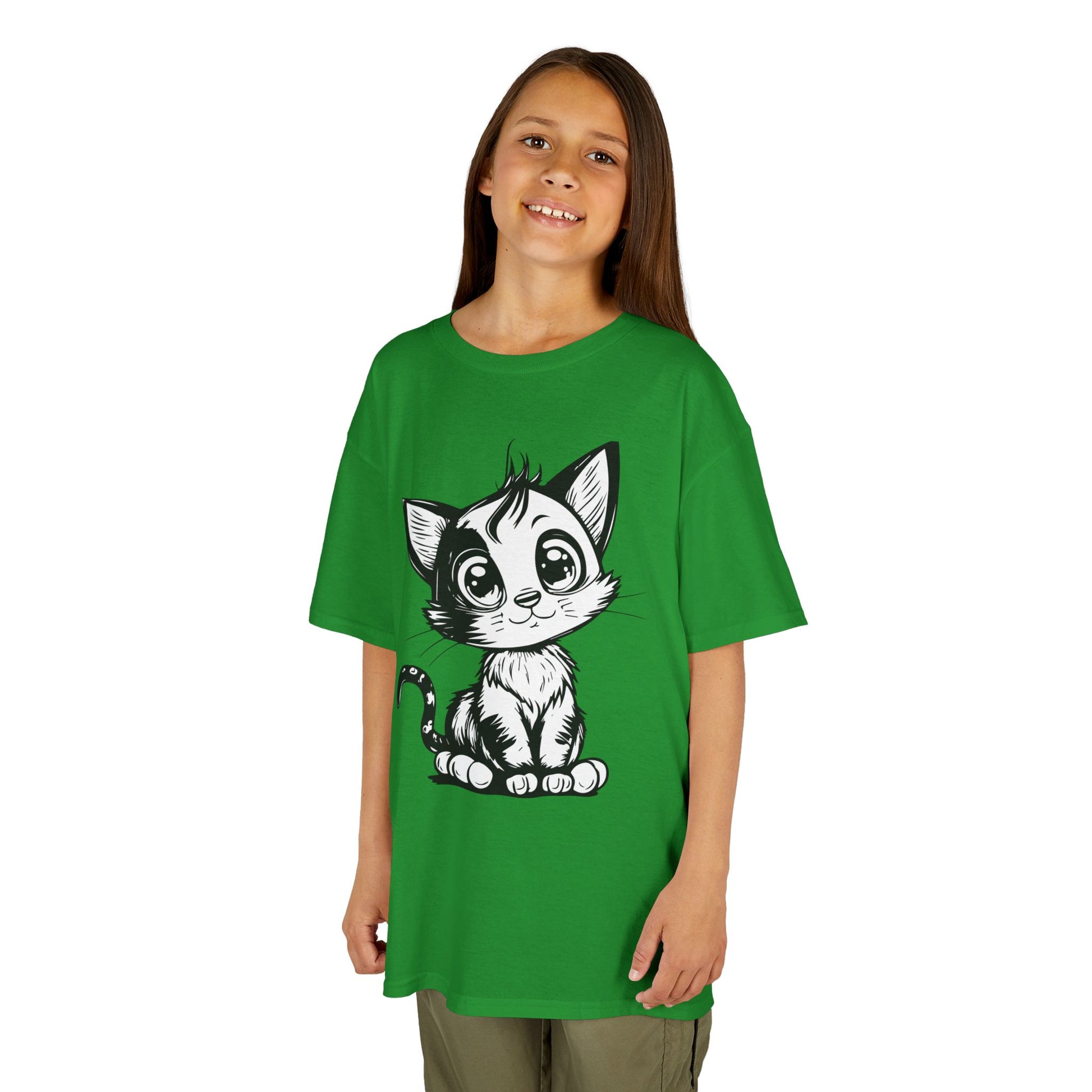 Big-Eyed Cat Kids T-Shirt – Cute Black & White Line Art