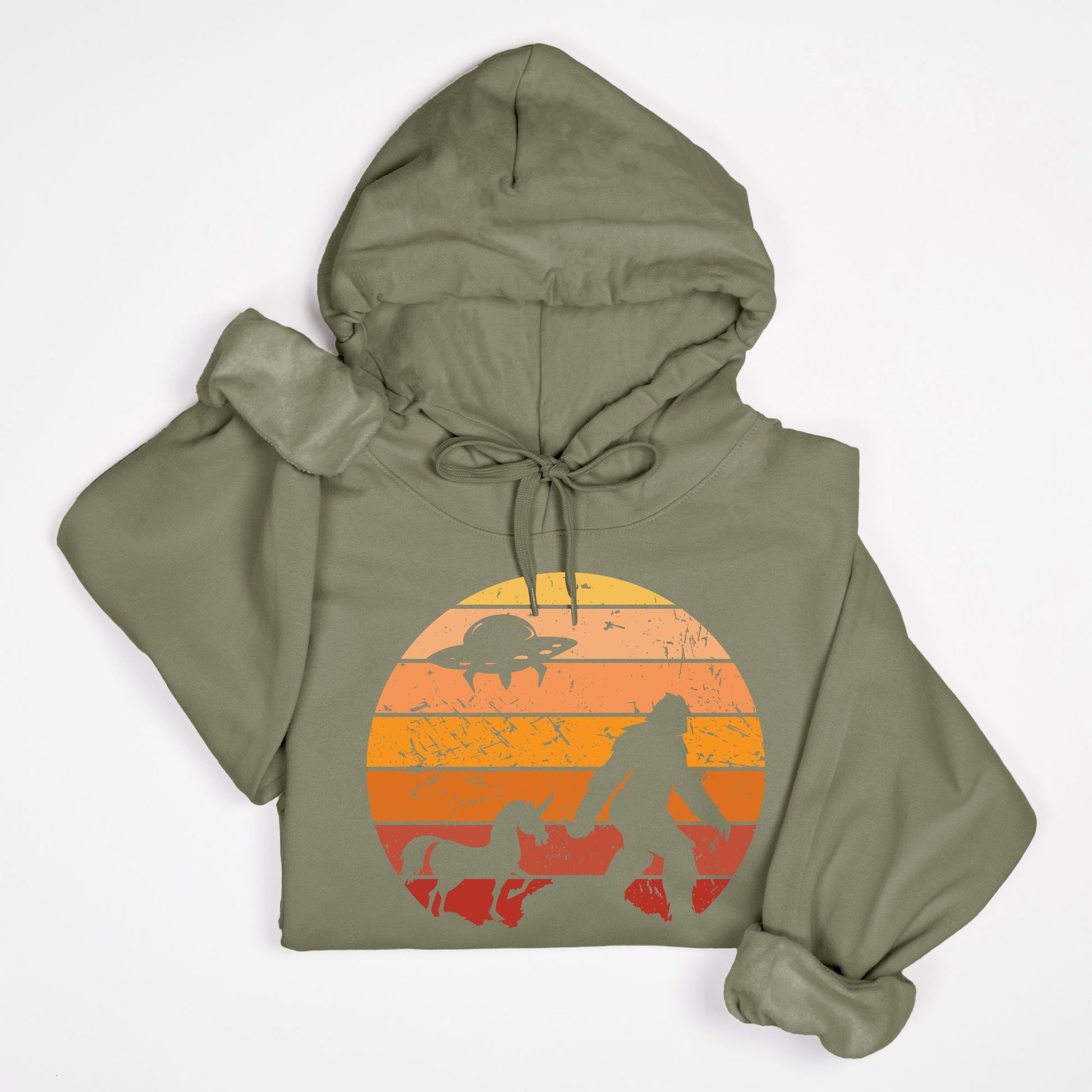Bigfoot Sunset Adventure Hoodie – UFO & Unicorn Retro Cryptid Design