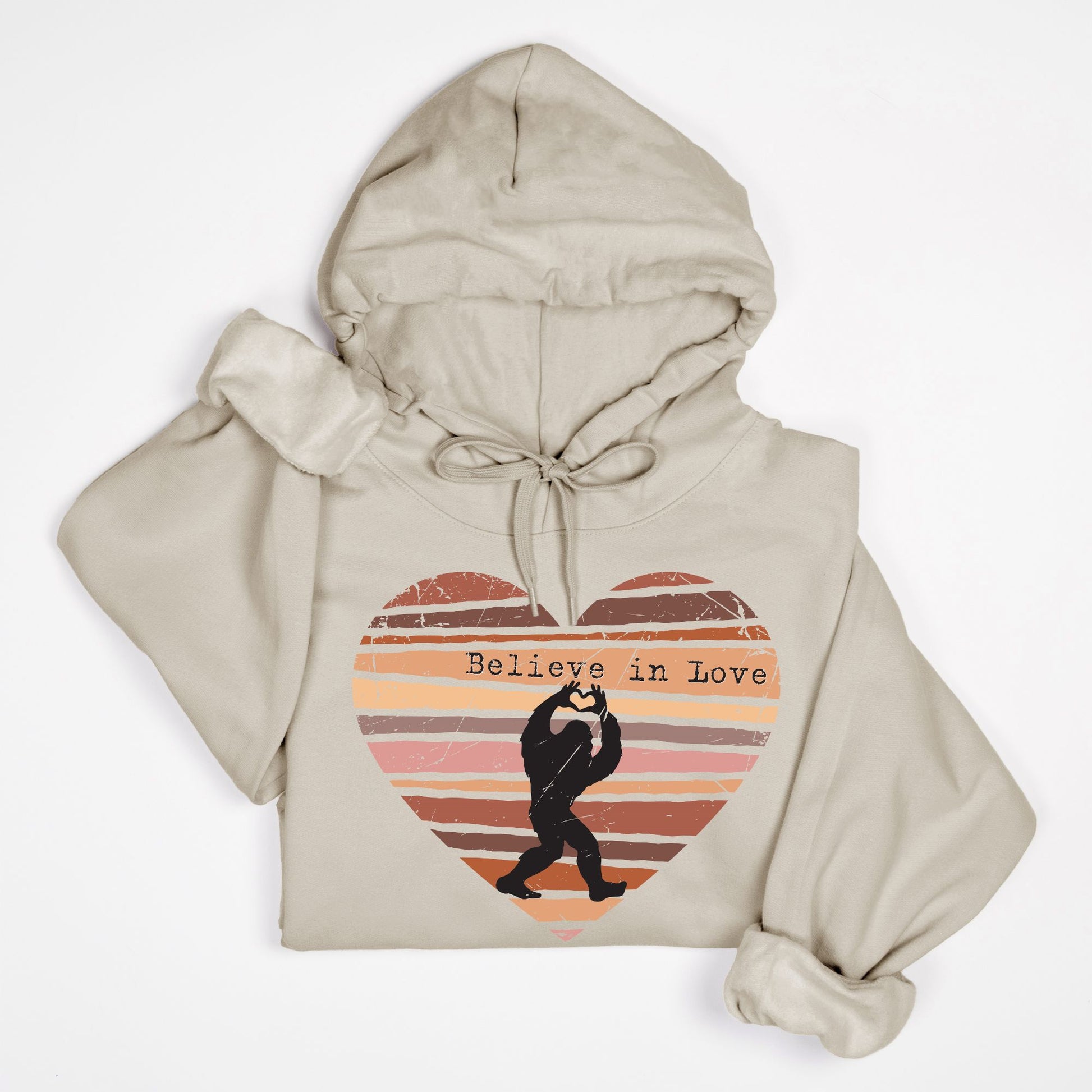 Believe in Love Bigfoot Hoodie – Retro Distressed Heart Cryptid Design