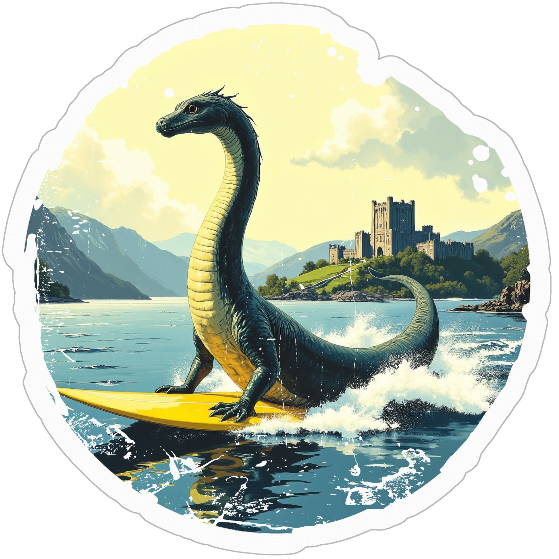 Loch Ness on Surfboard Kiss Cut Stickers - 6" x 6"