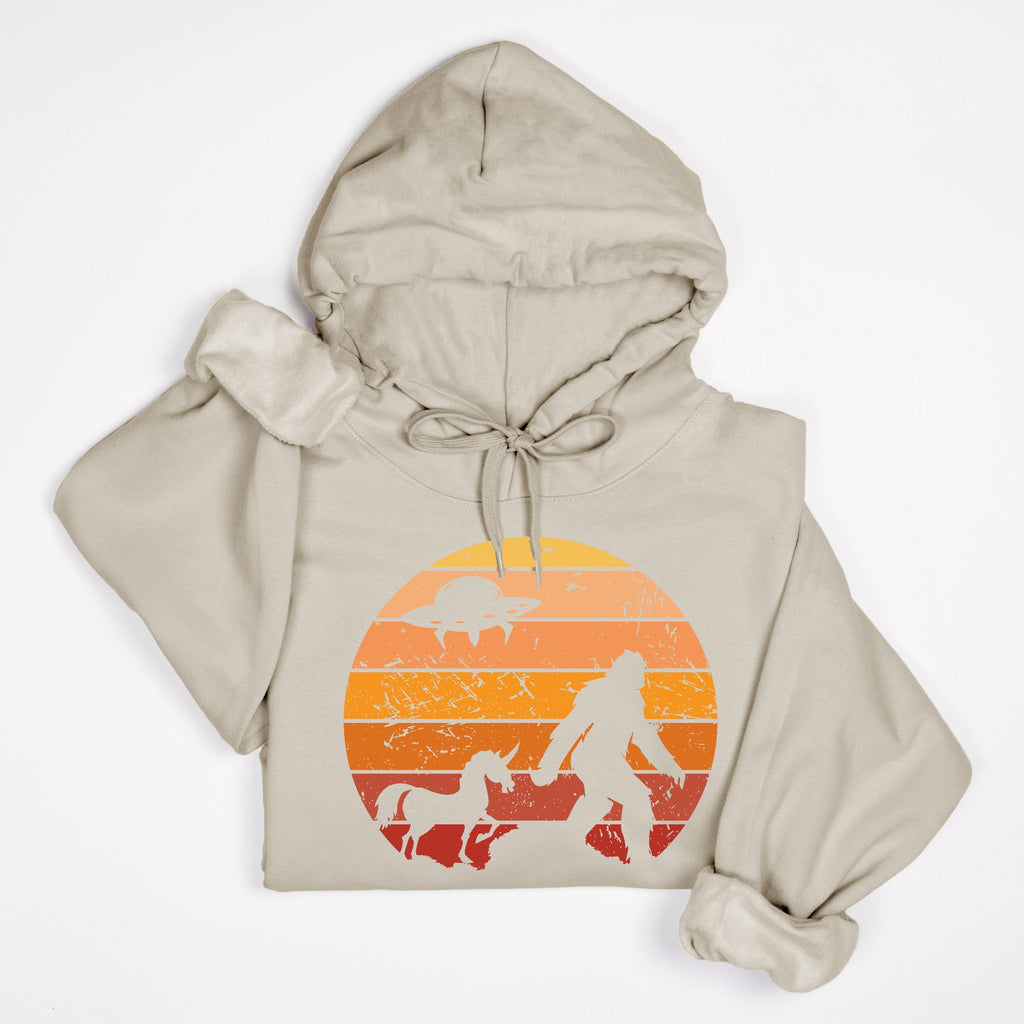 Bigfoot Sunset Adventure Hoodie – UFO & Unicorn Retro Cryptid Design