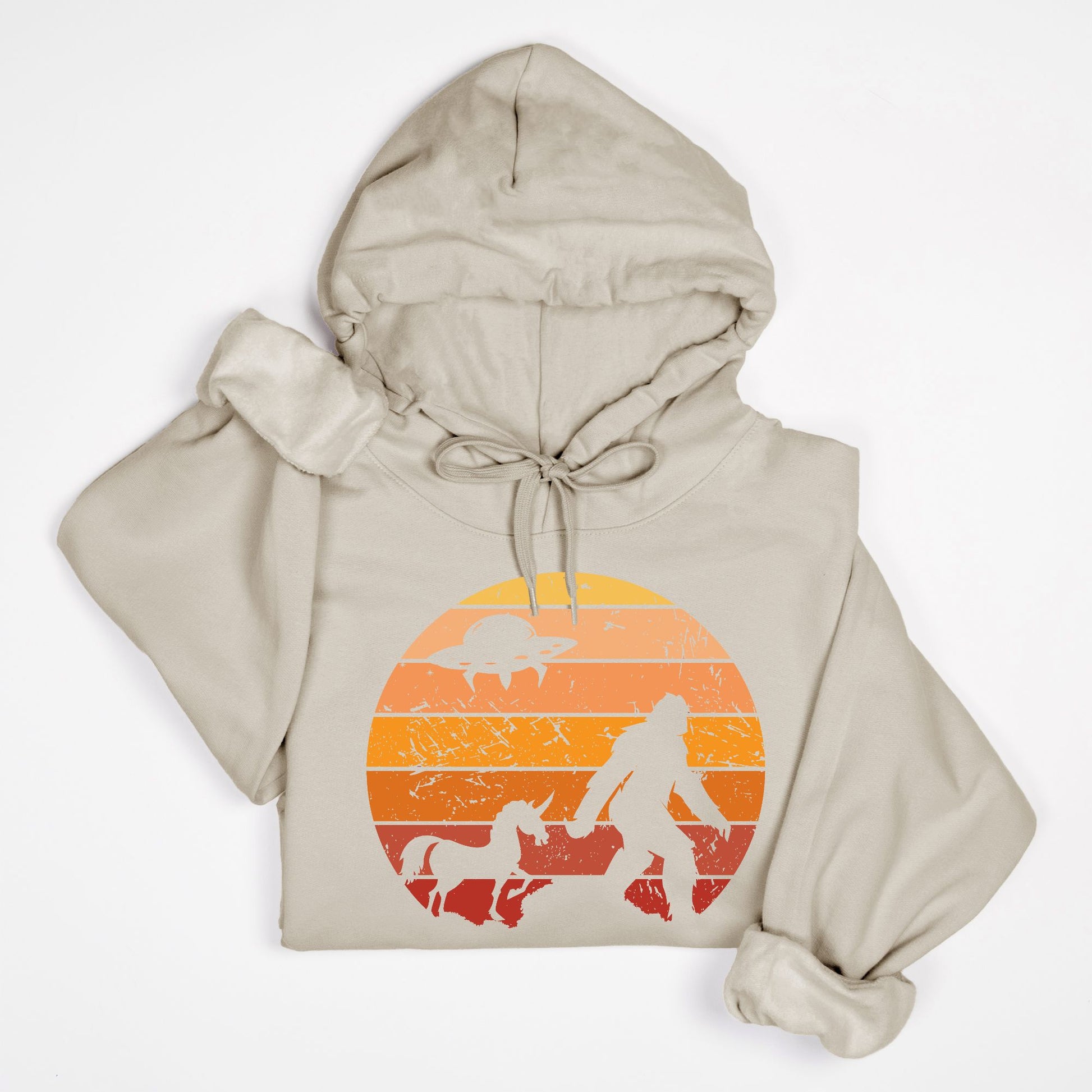 Bigfoot Sunset Adventure Hoodie – UFO & Unicorn Retro Cryptid Design