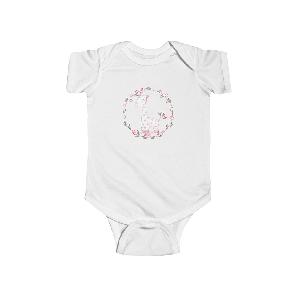 Gentle Giraffe Baby Onesie – Hand-Drawn with Flower Border