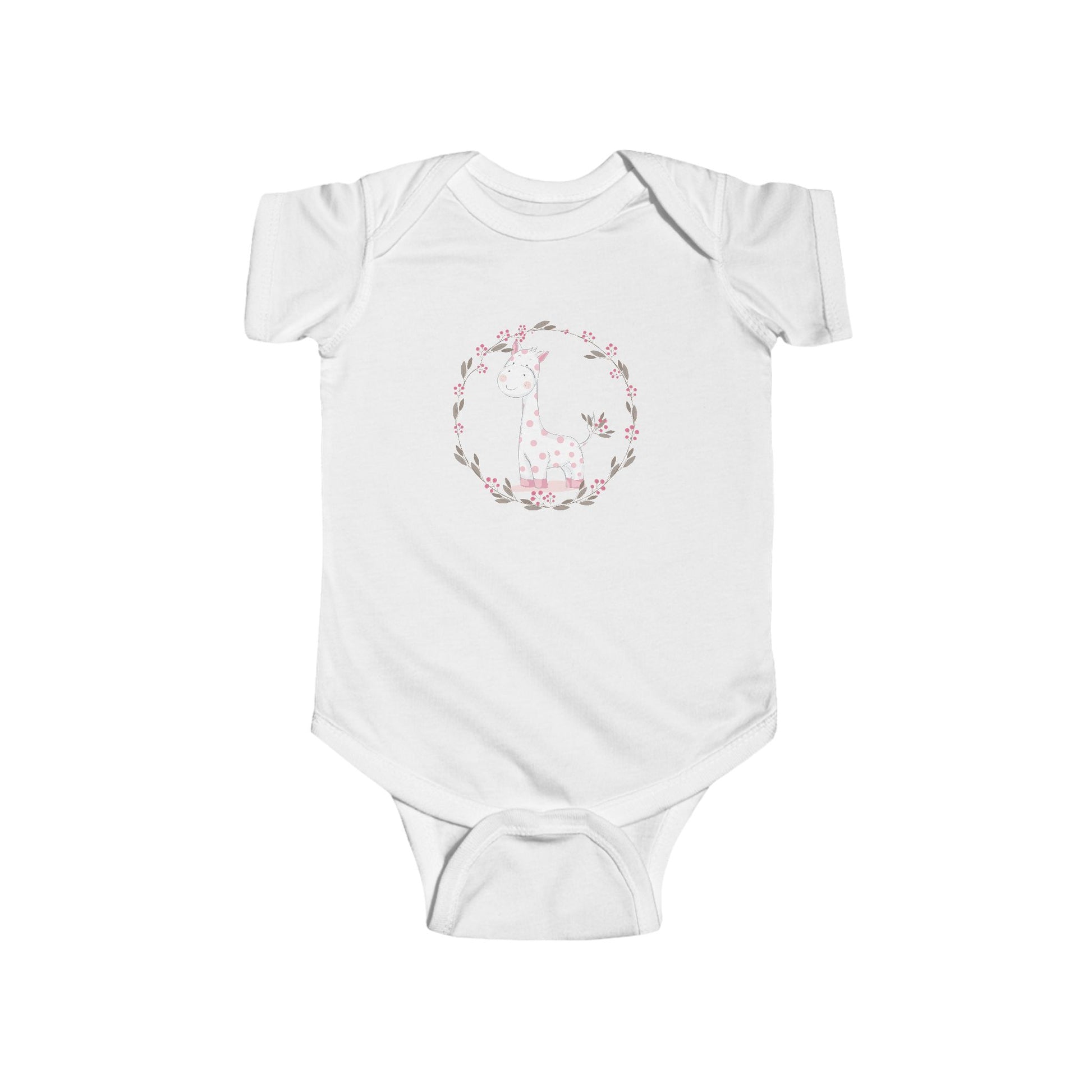 Gentle Giraffe Baby Onesie – Hand-Drawn with Flower Border