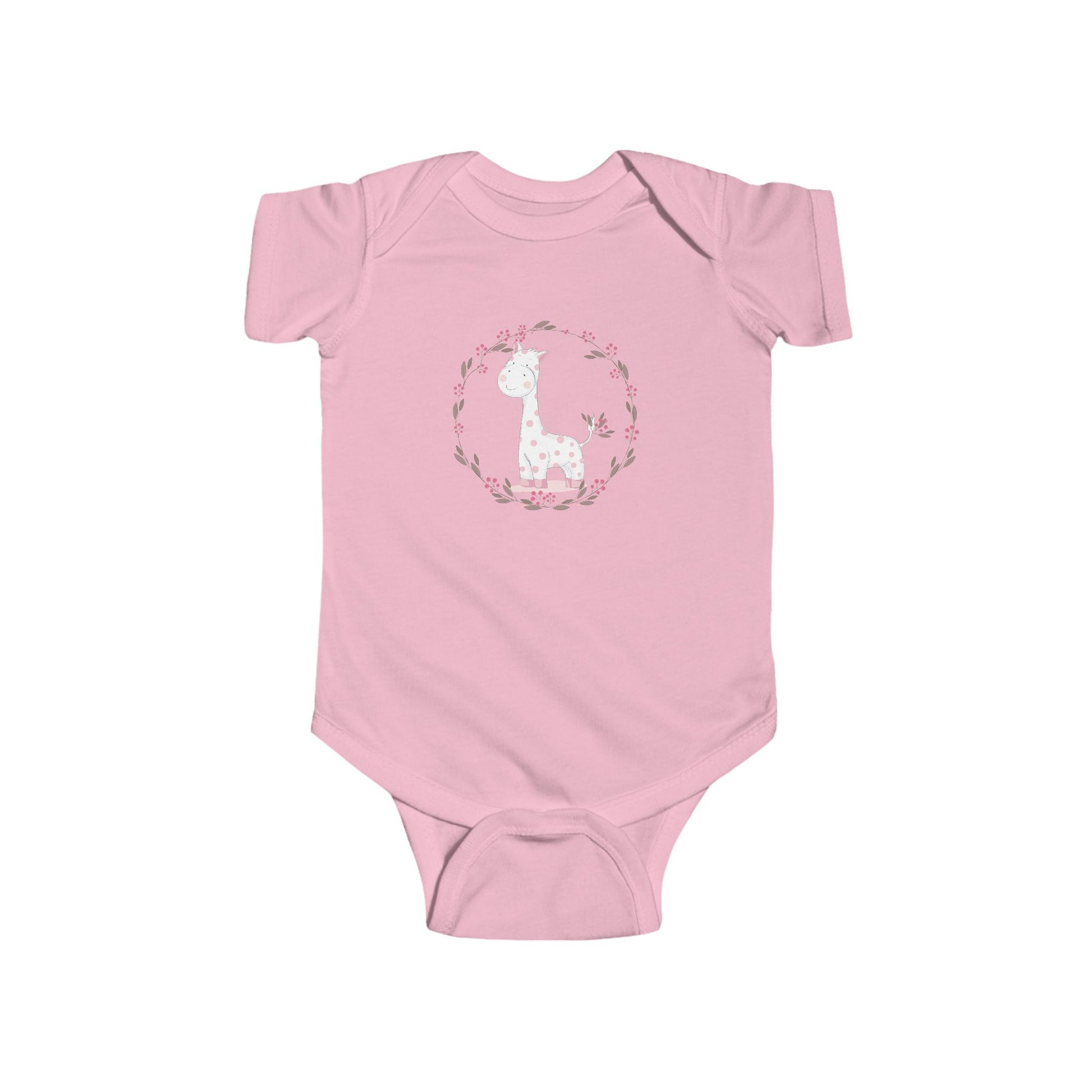 Gentle Giraffe Baby Onesie – Hand-Drawn with Flower Border