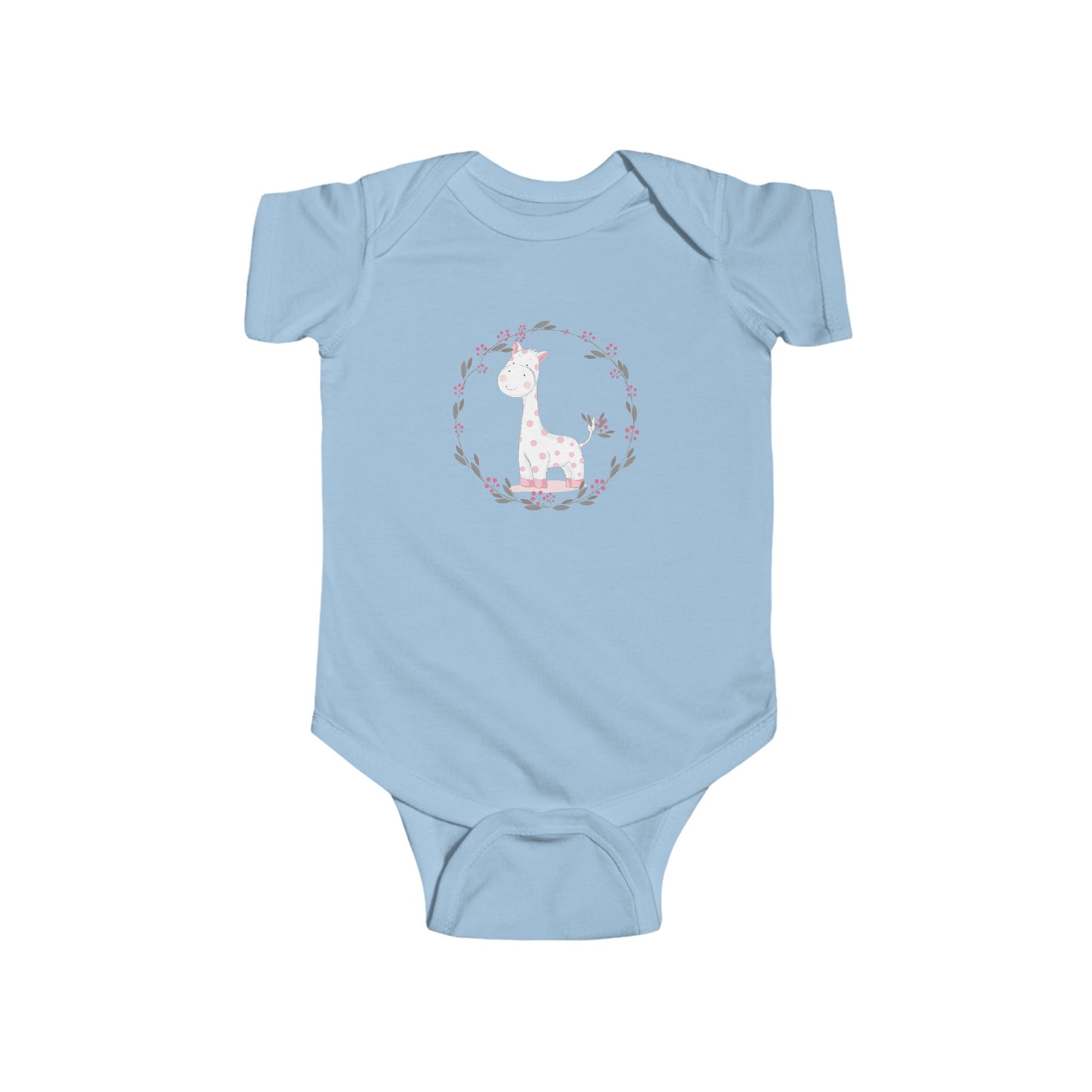 Gentle Giraffe Baby Onesie – Hand-Drawn with Flower Border