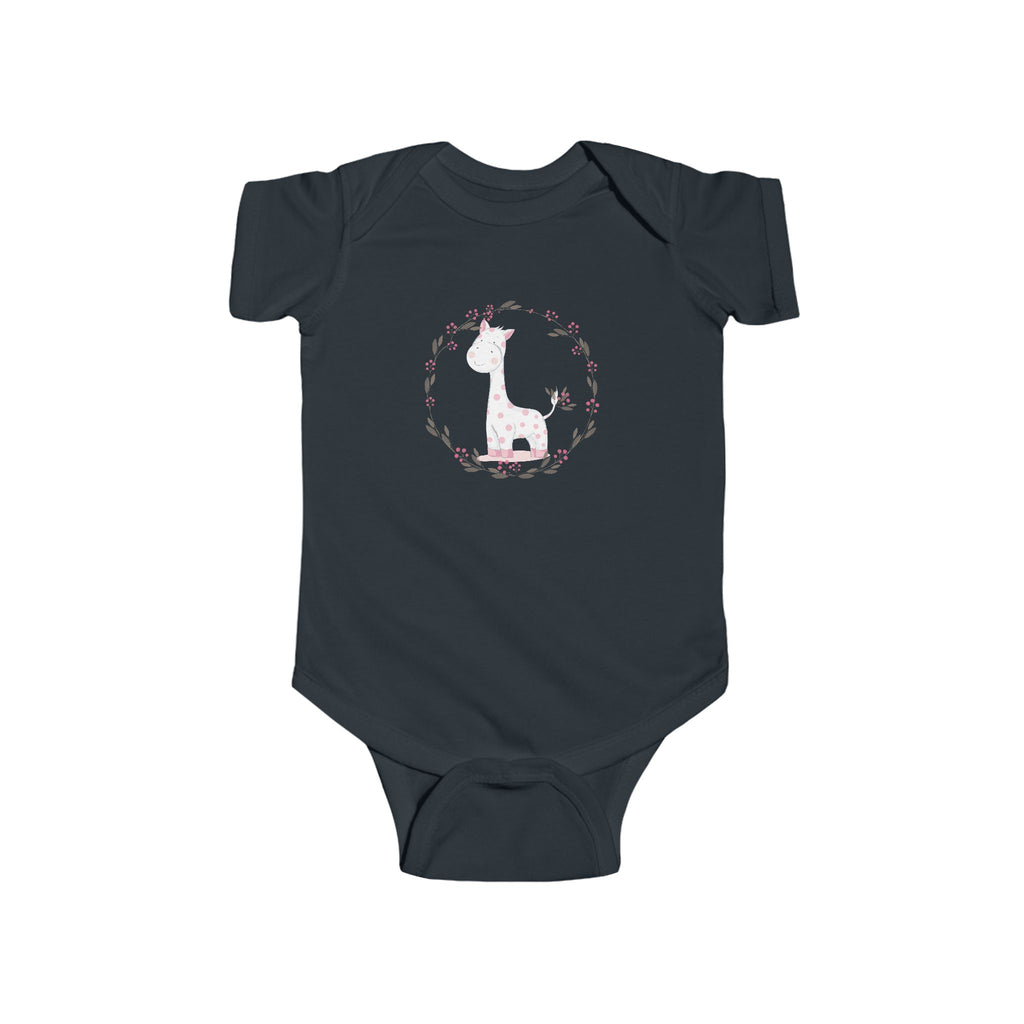 Gentle Giraffe Baby Onesie – Hand-Drawn with Flower Border