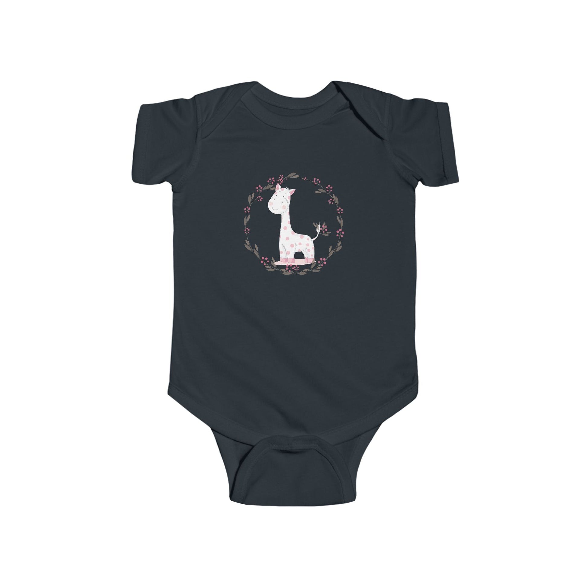 Gentle Giraffe Baby Onesie – Hand-Drawn with Flower Border