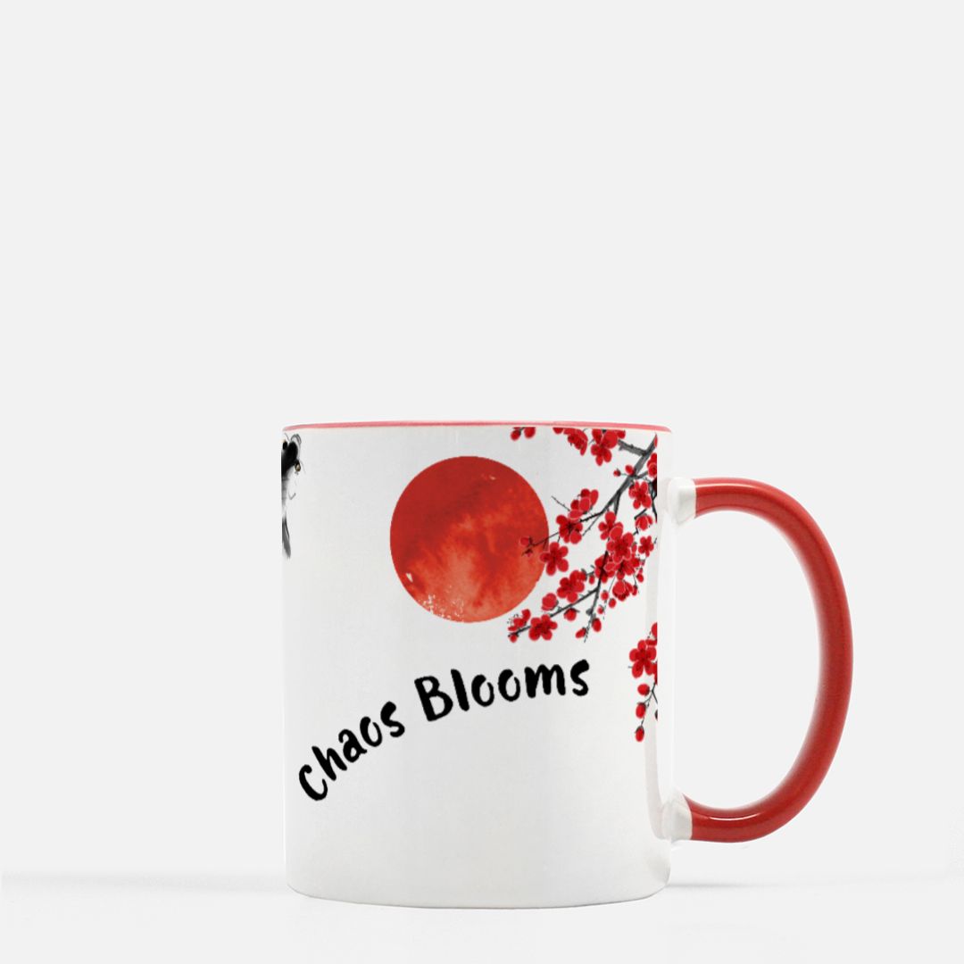 Chaos Bloom Coffee Mug – Sakura, Koi & Red Sun Sumi-e Art – Red Accent
