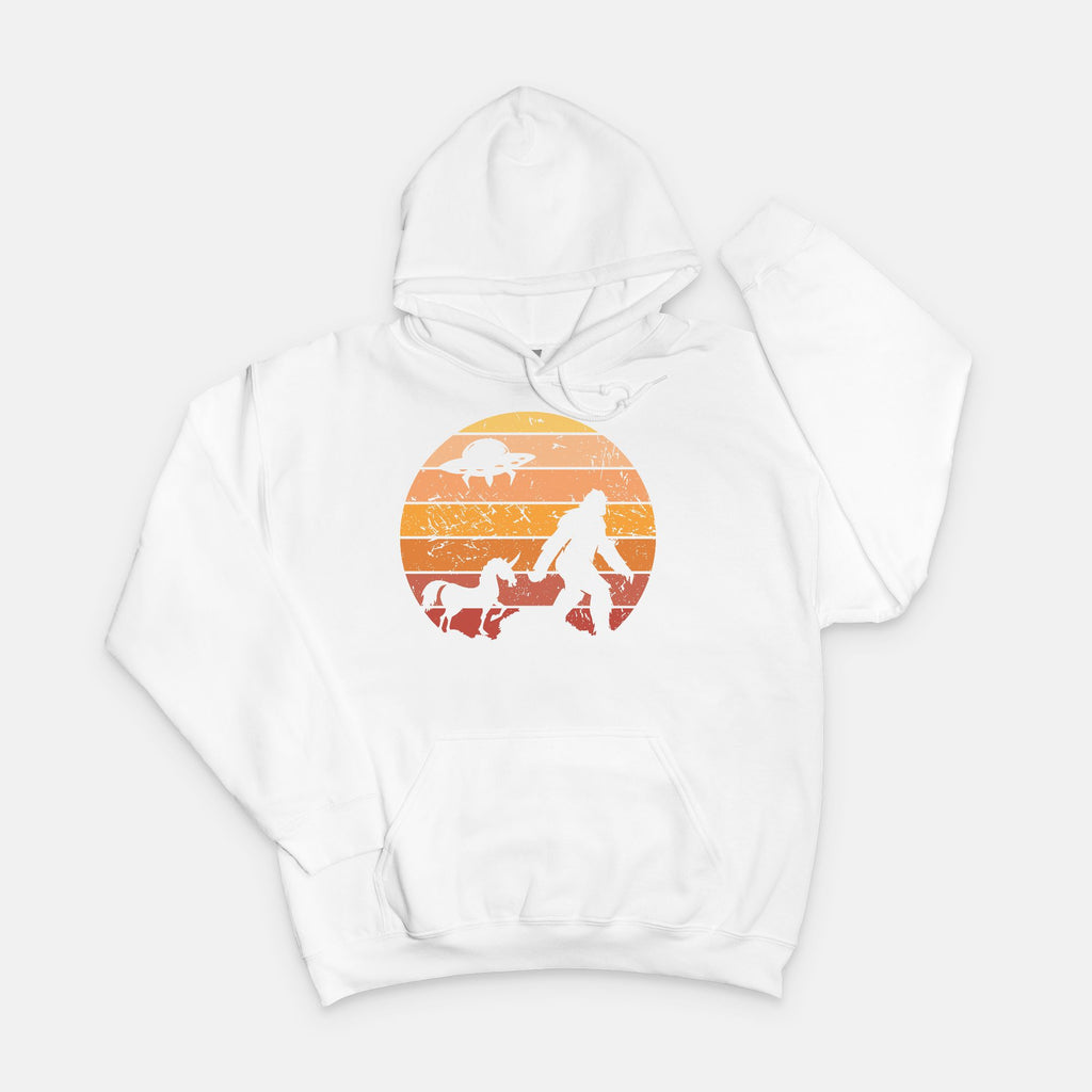 Bigfoot Sunset Adventure Hoodie – UFO & Unicorn Retro Cryptid Design