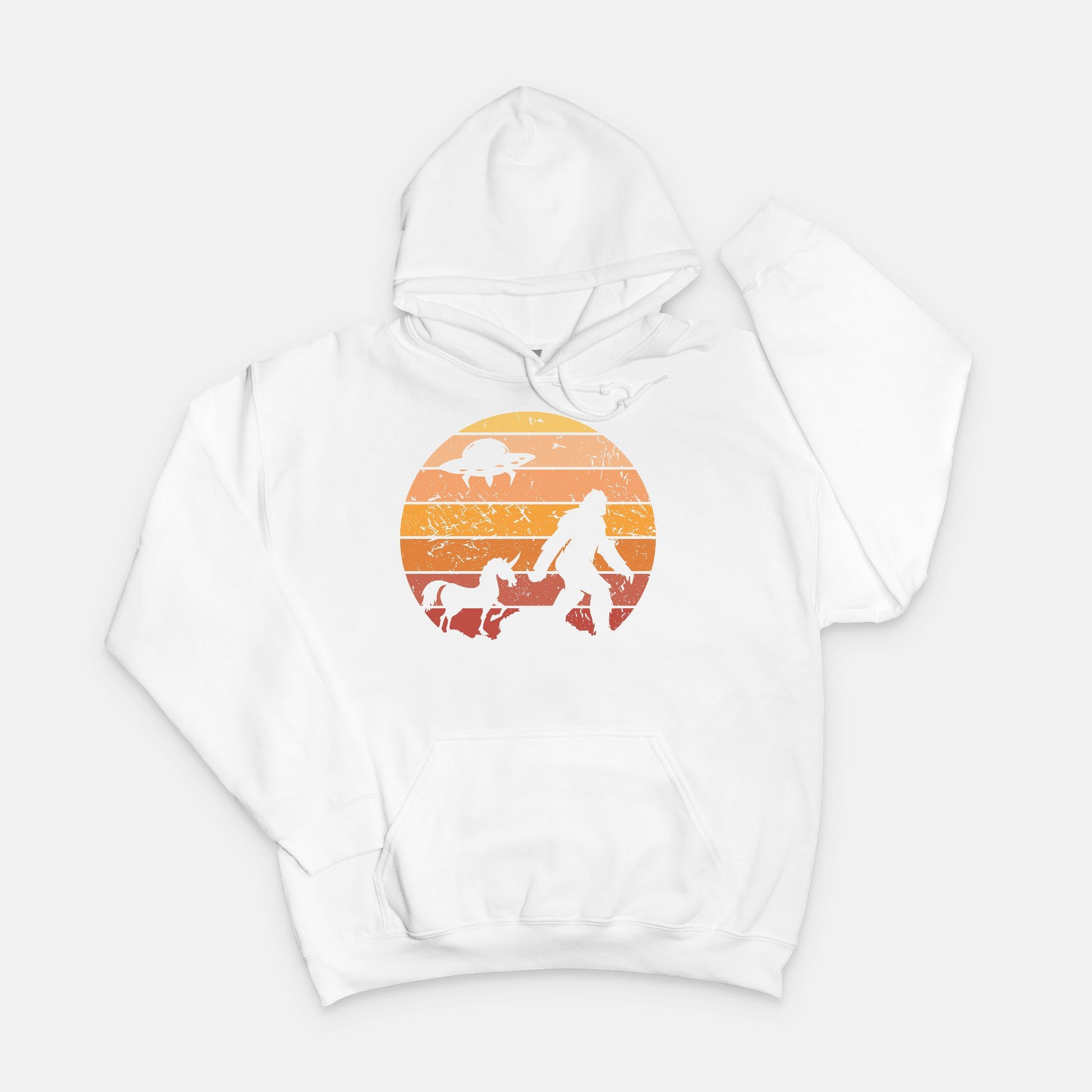 Bigfoot Sunset Adventure Hoodie – UFO & Unicorn Retro Cryptid Design