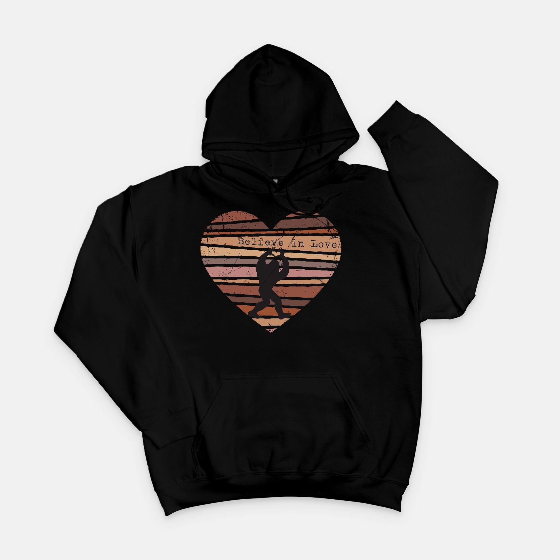 Believe in Love Bigfoot Hoodie – Retro Distressed Heart Cryptid Design