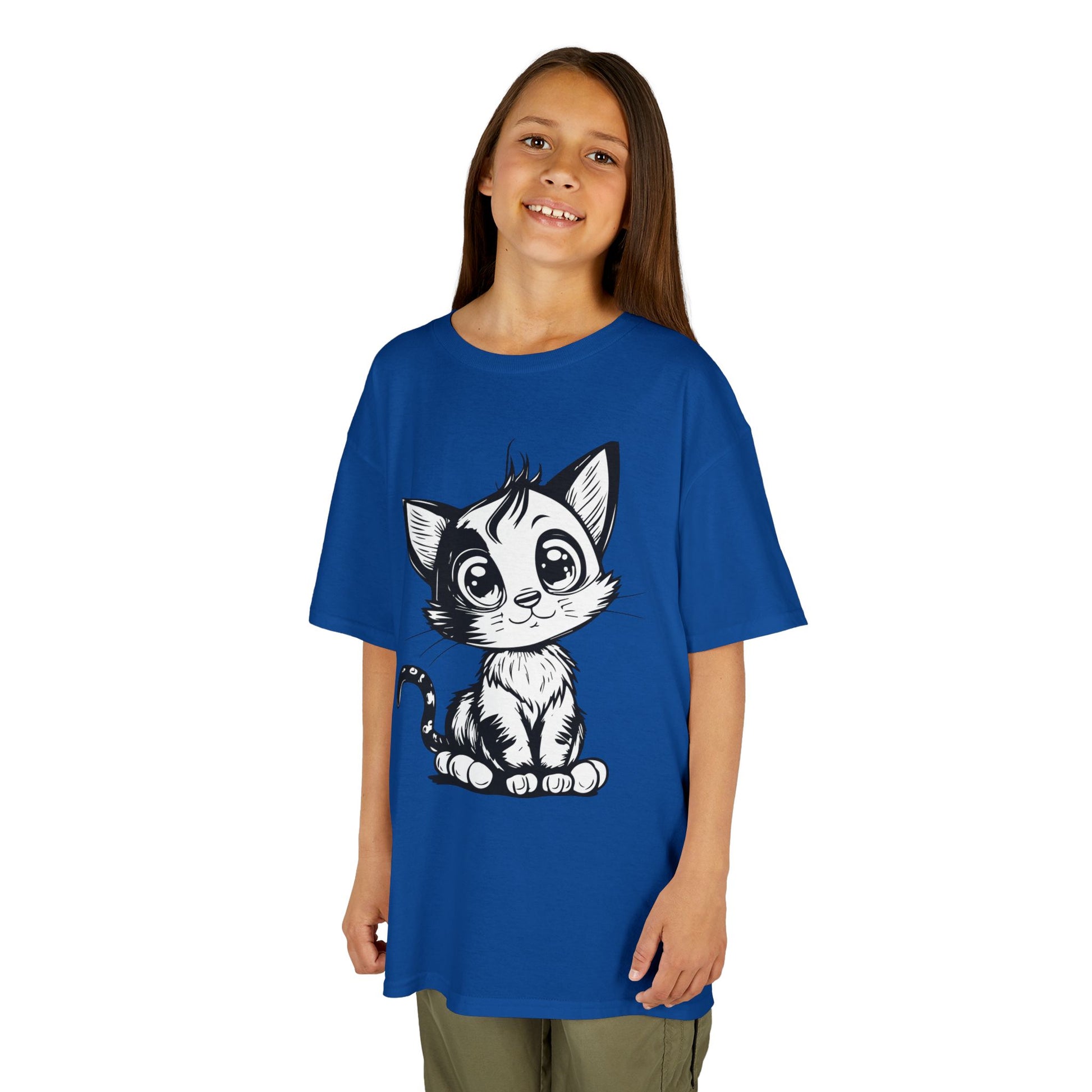 Big-Eyed Cat Kids T-Shirt – Cute Black & White Line Art