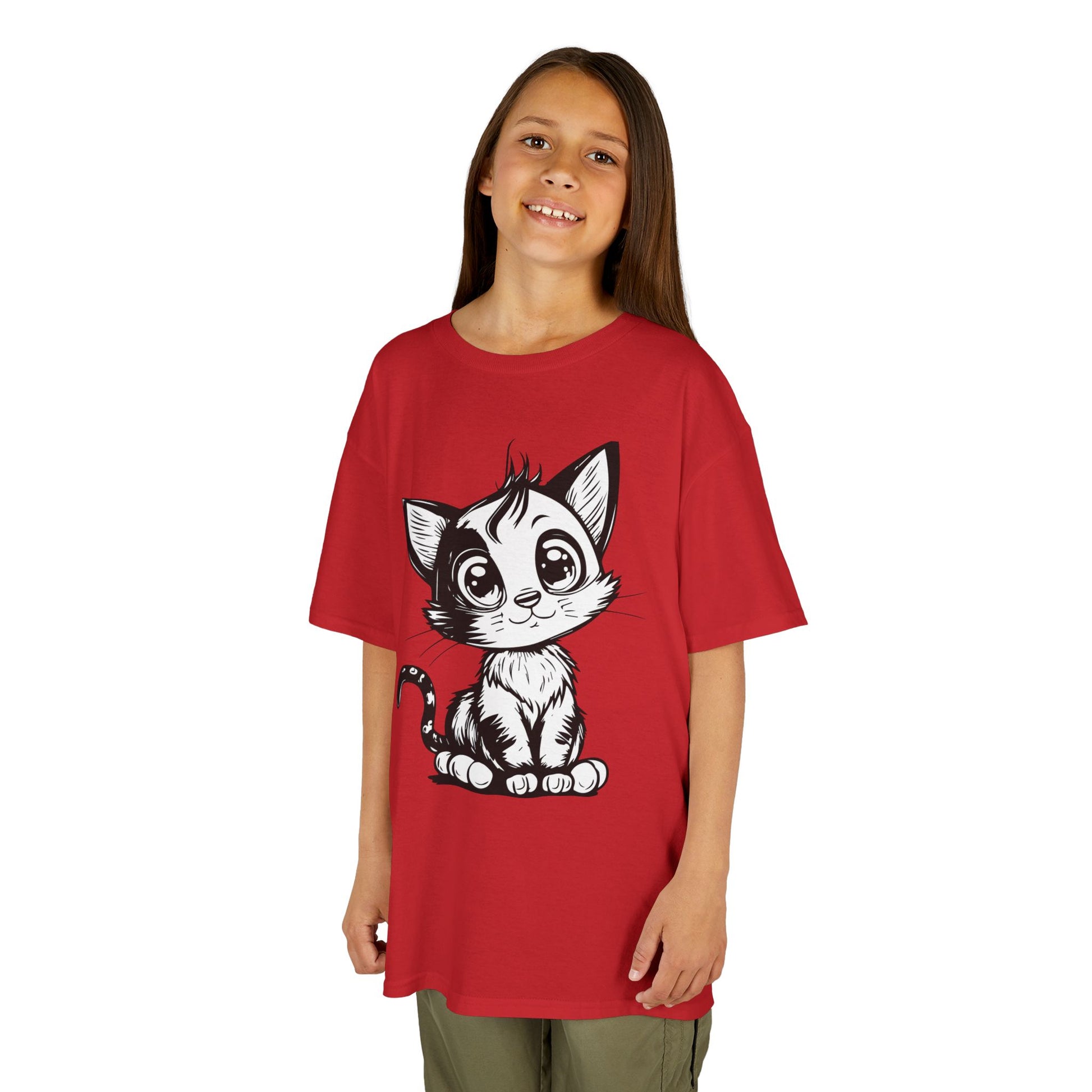 Big-Eyed Cat Kids T-Shirt – Cute Black & White Line Art