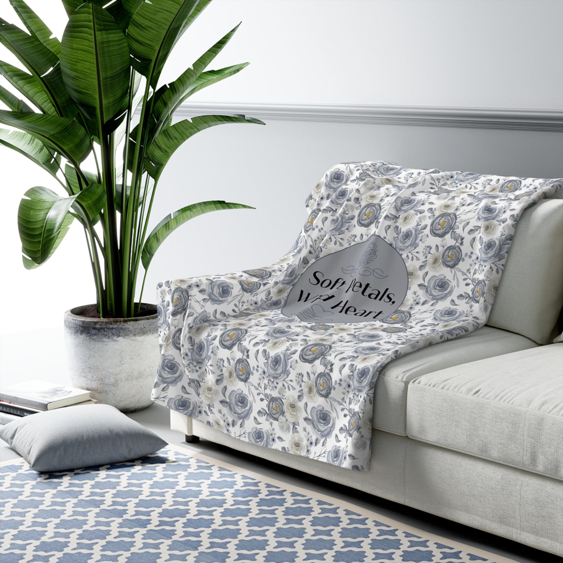 Soft Petals, Wild Heart – Gray & Blue Watercolor Floral Cozy Sherpa Fleece Blanket