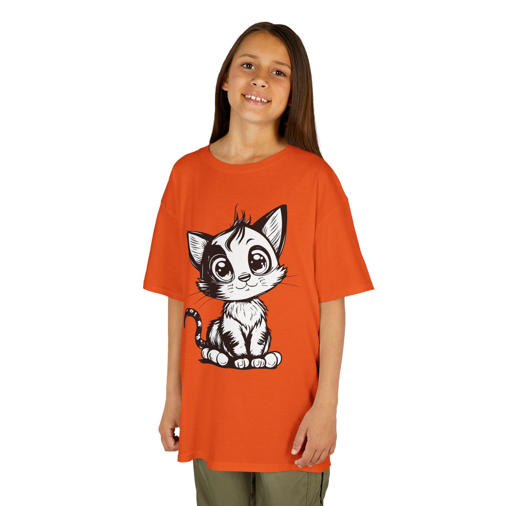 Big-Eyed Cat Kids T-Shirt – Cute Black & White Line Art