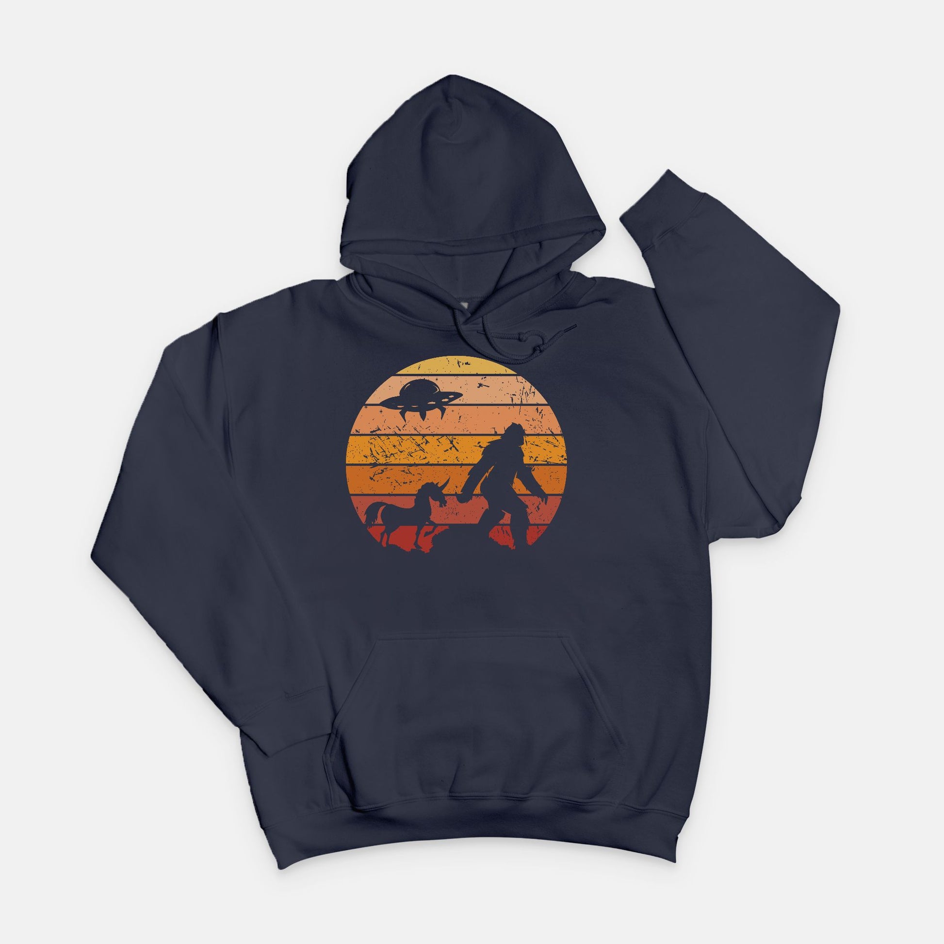 Bigfoot Sunset Adventure Hoodie – UFO & Unicorn Retro Cryptid Design