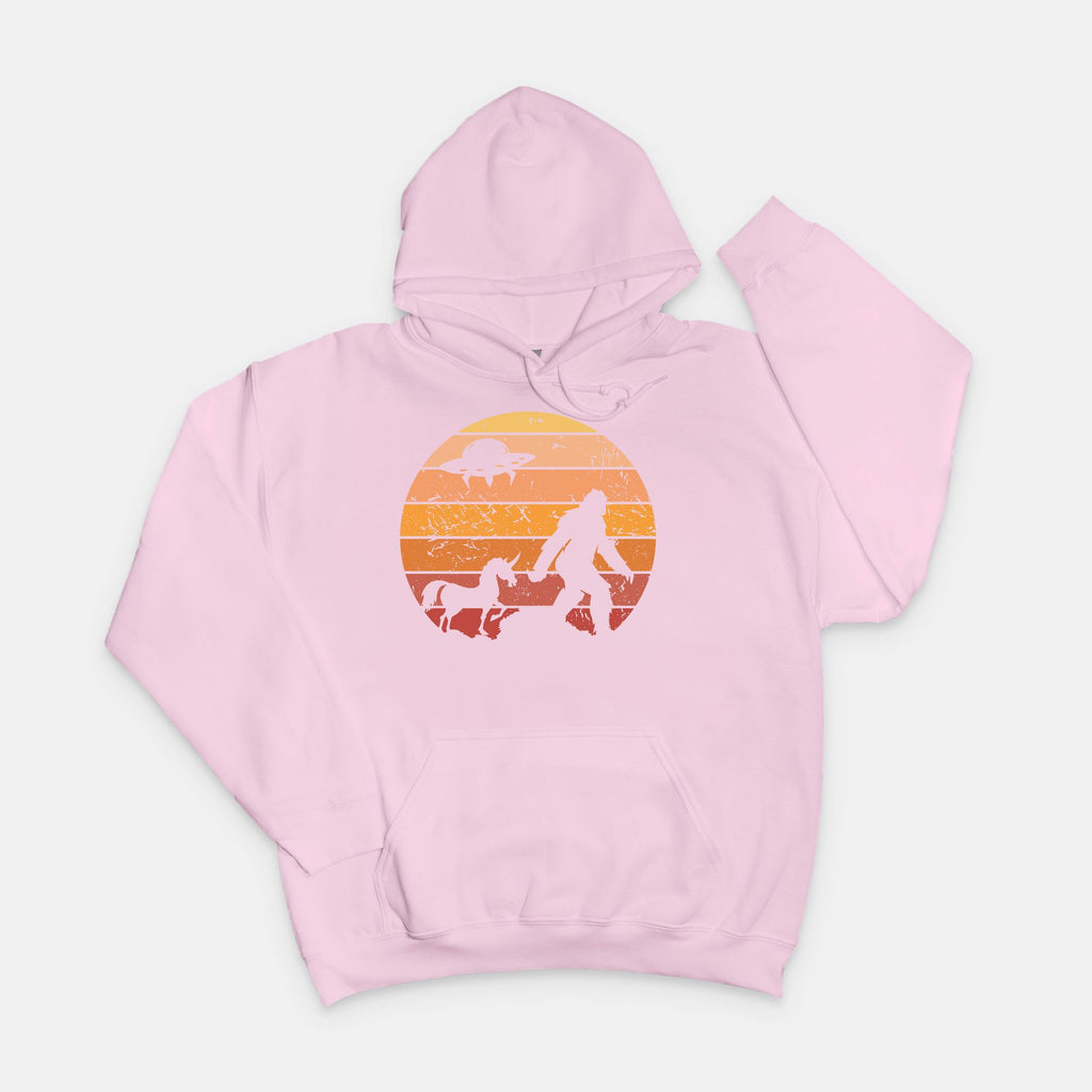 Bigfoot Sunset Adventure Hoodie – UFO & Unicorn Retro Cryptid Design