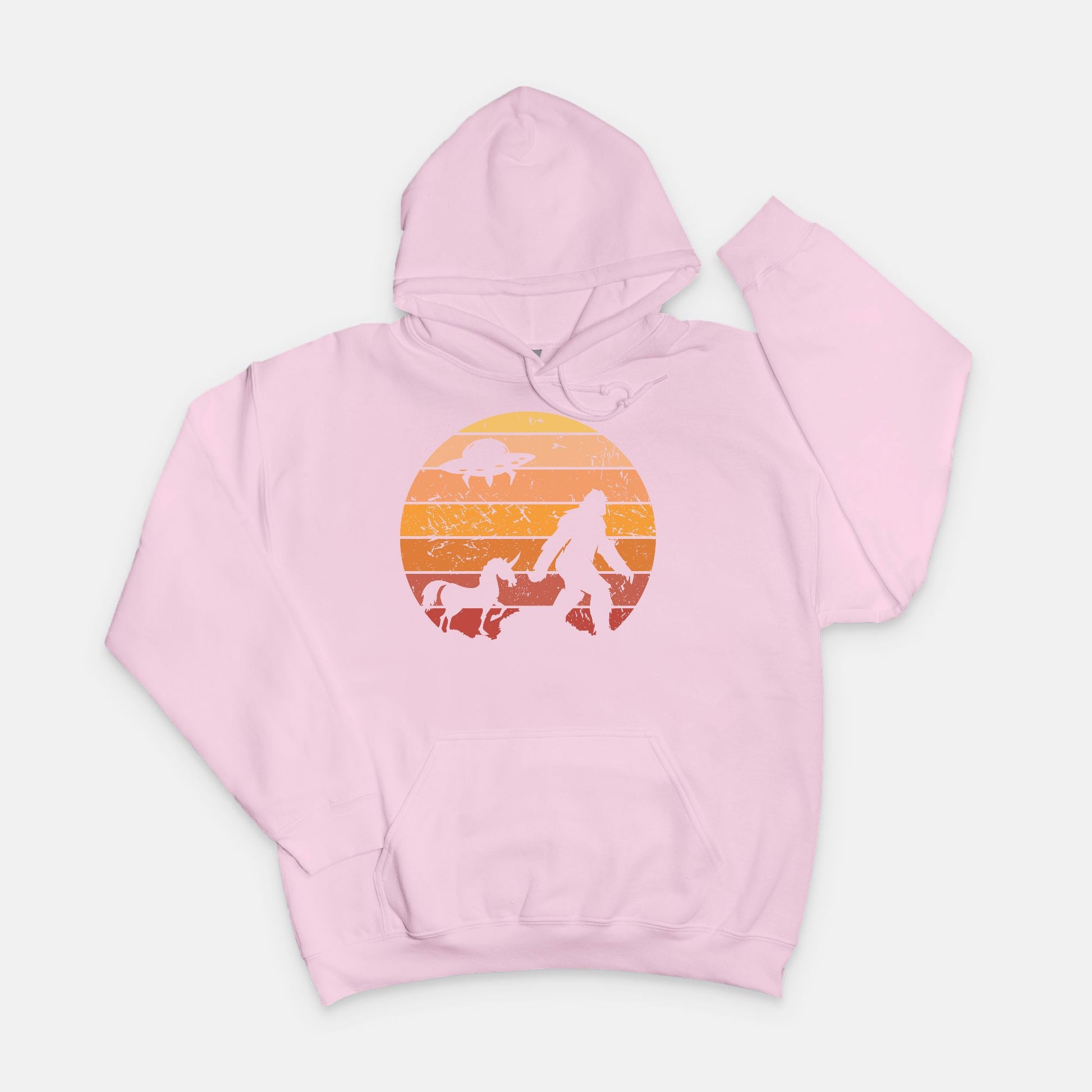 Bigfoot Sunset Adventure Hoodie – UFO & Unicorn Retro Cryptid Design